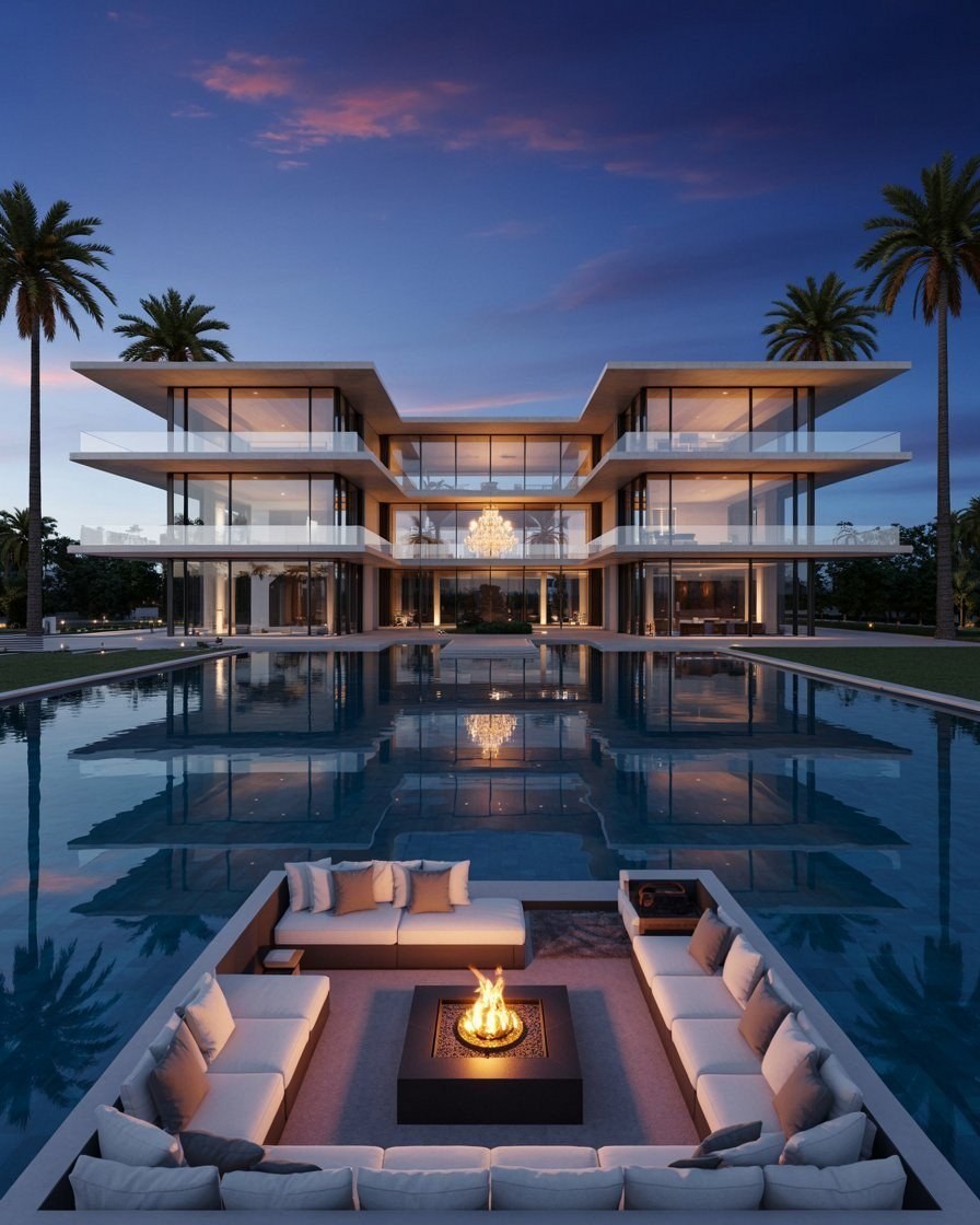 Modern Mansion Backyard Oasis: Luxury Pool & Fire Pit Ambiance