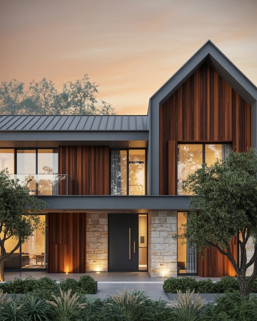 Warm Modern Villa Design: Brown Exterior & Black Roof