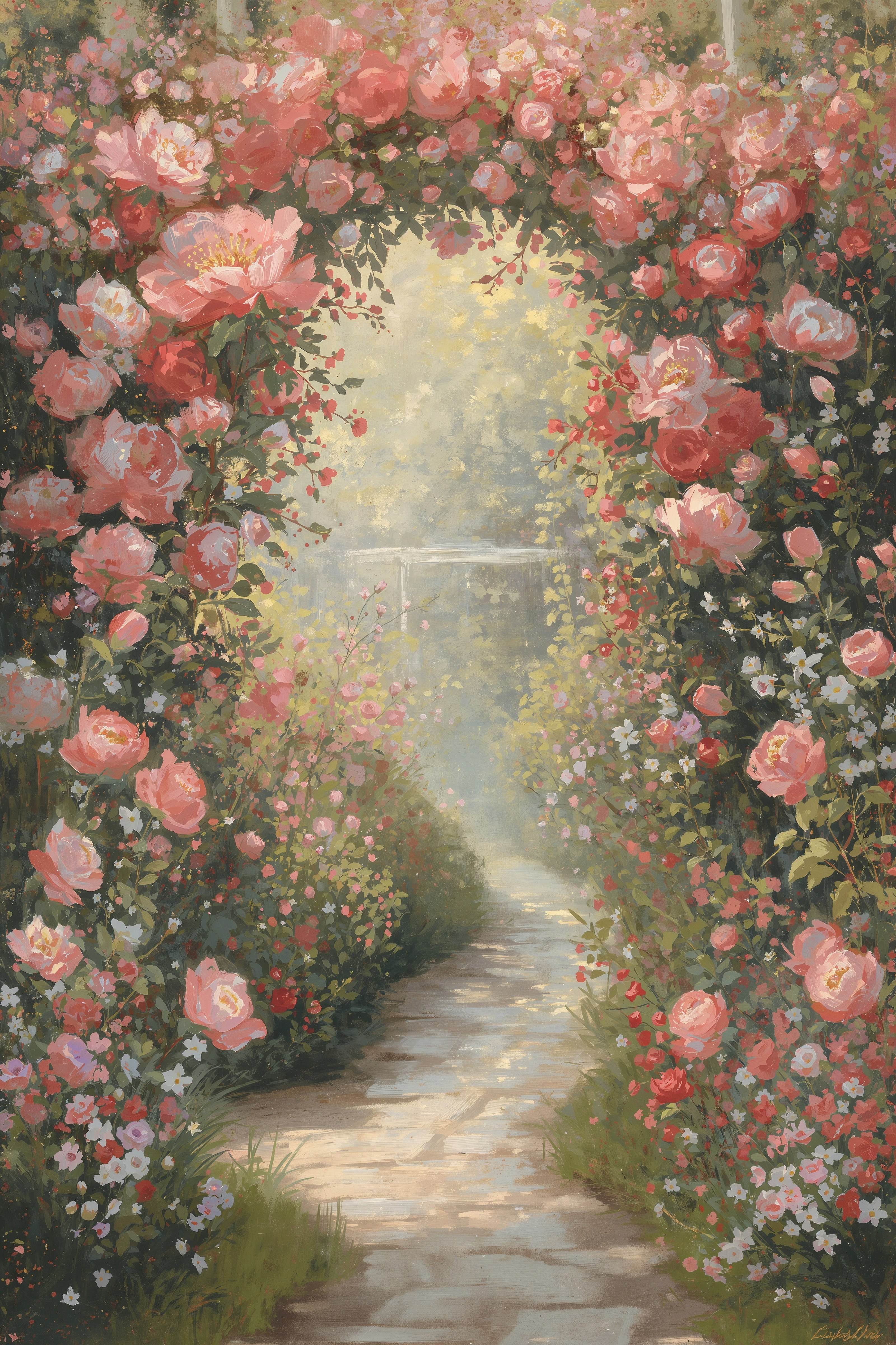 Dream Backyard Garden Oasis: Pink Floral Arches & Stone Paths