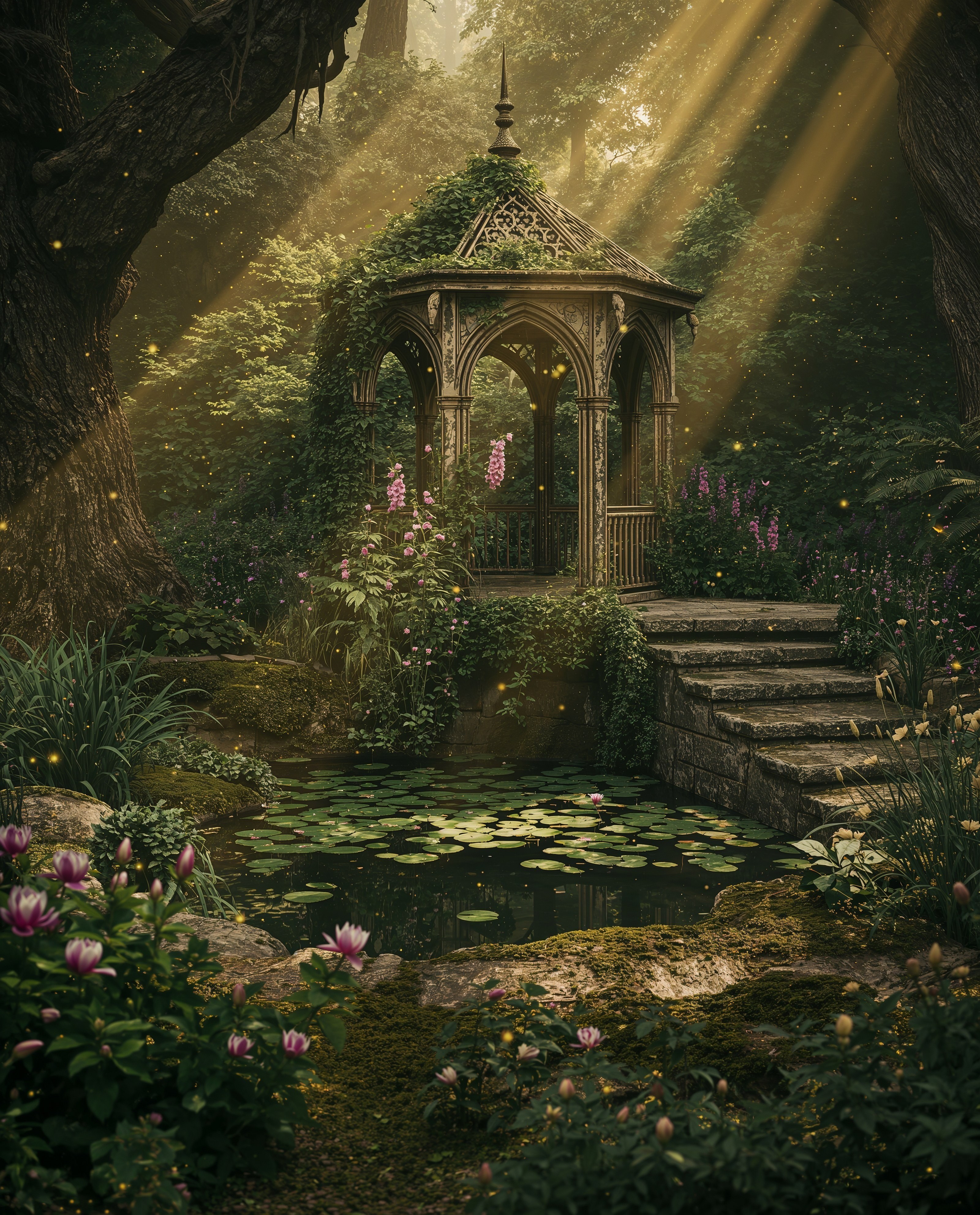 Enchanted Forest Garden: Gazebo, Pond & Mythical Village Vibes