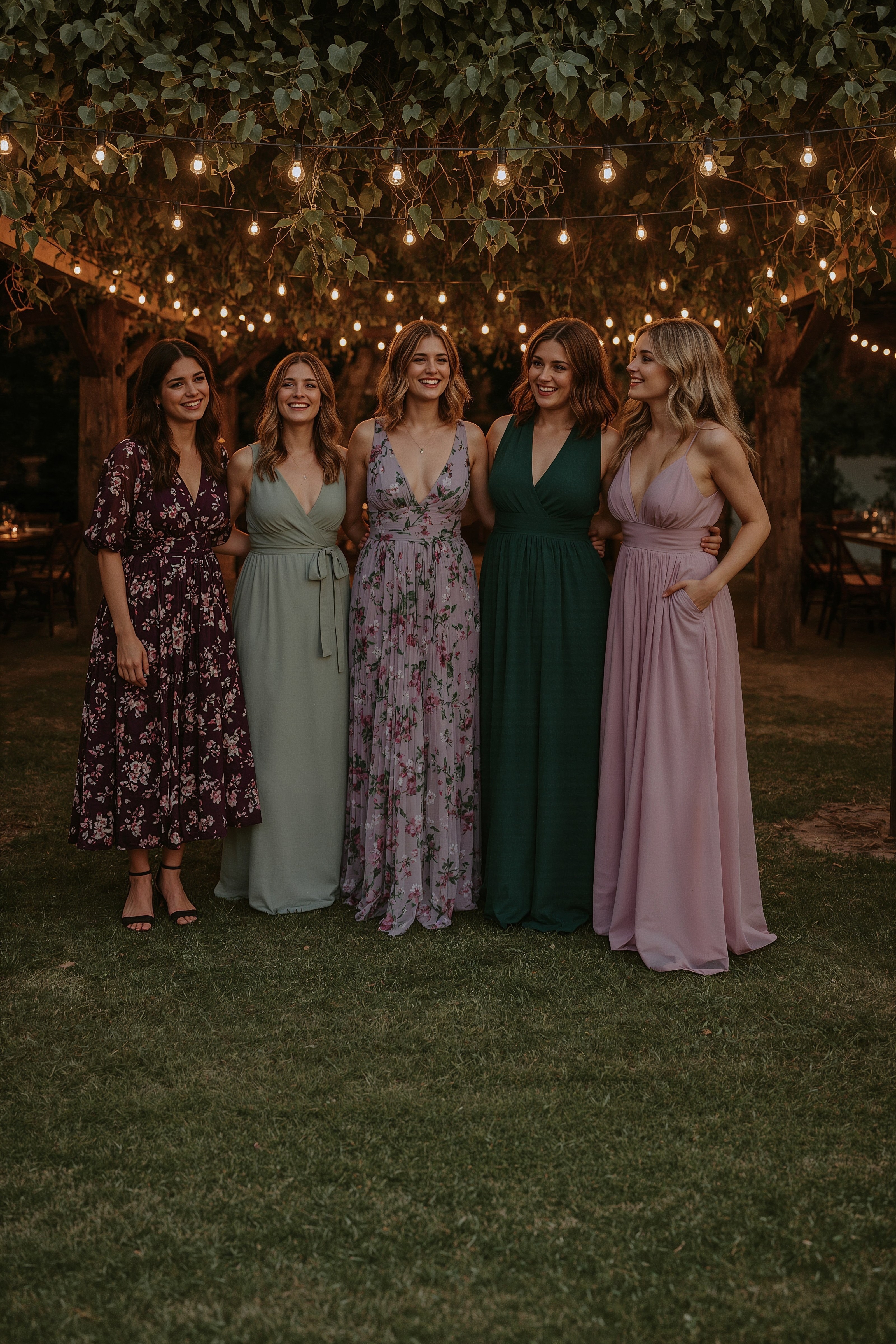 Mismatched Bridesmaid Dresses: Whimsical Floral Prints for Vineyard Weddings