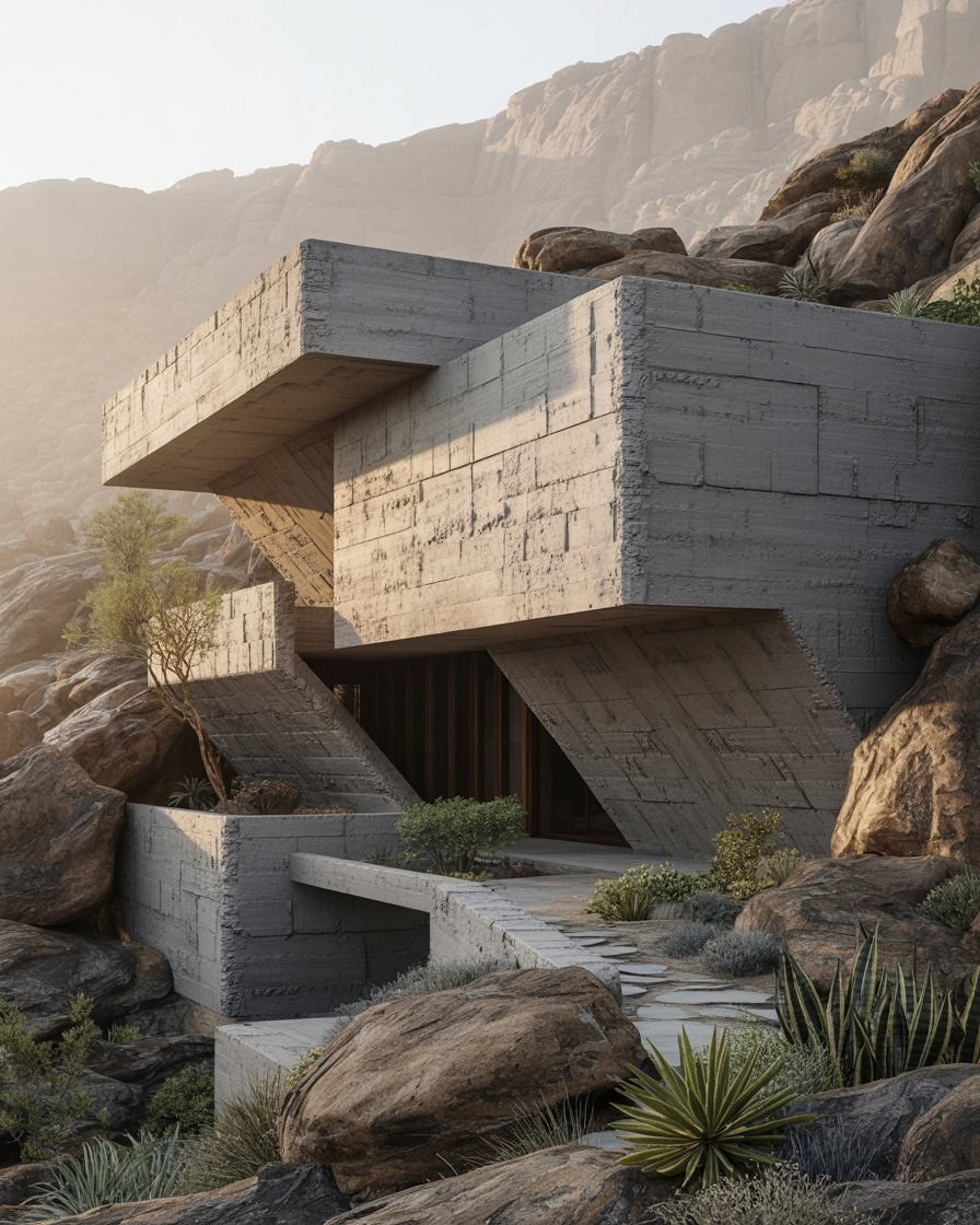 Rustic Concrete Architecture: Brutalist House Merging with Nature