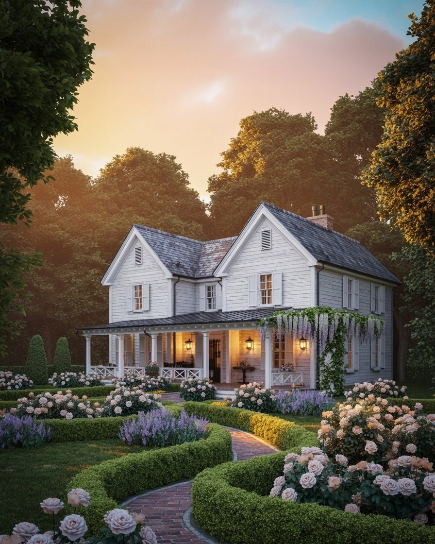 Charming Cozy Country House Exterior: Golden Hour Magic