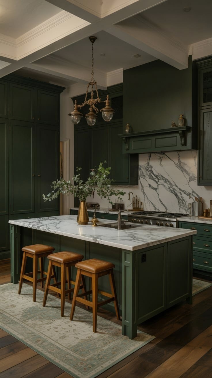 Dark Green Kitchen Remodel: Moody Farmhouse Charm Meets Marble Luxury