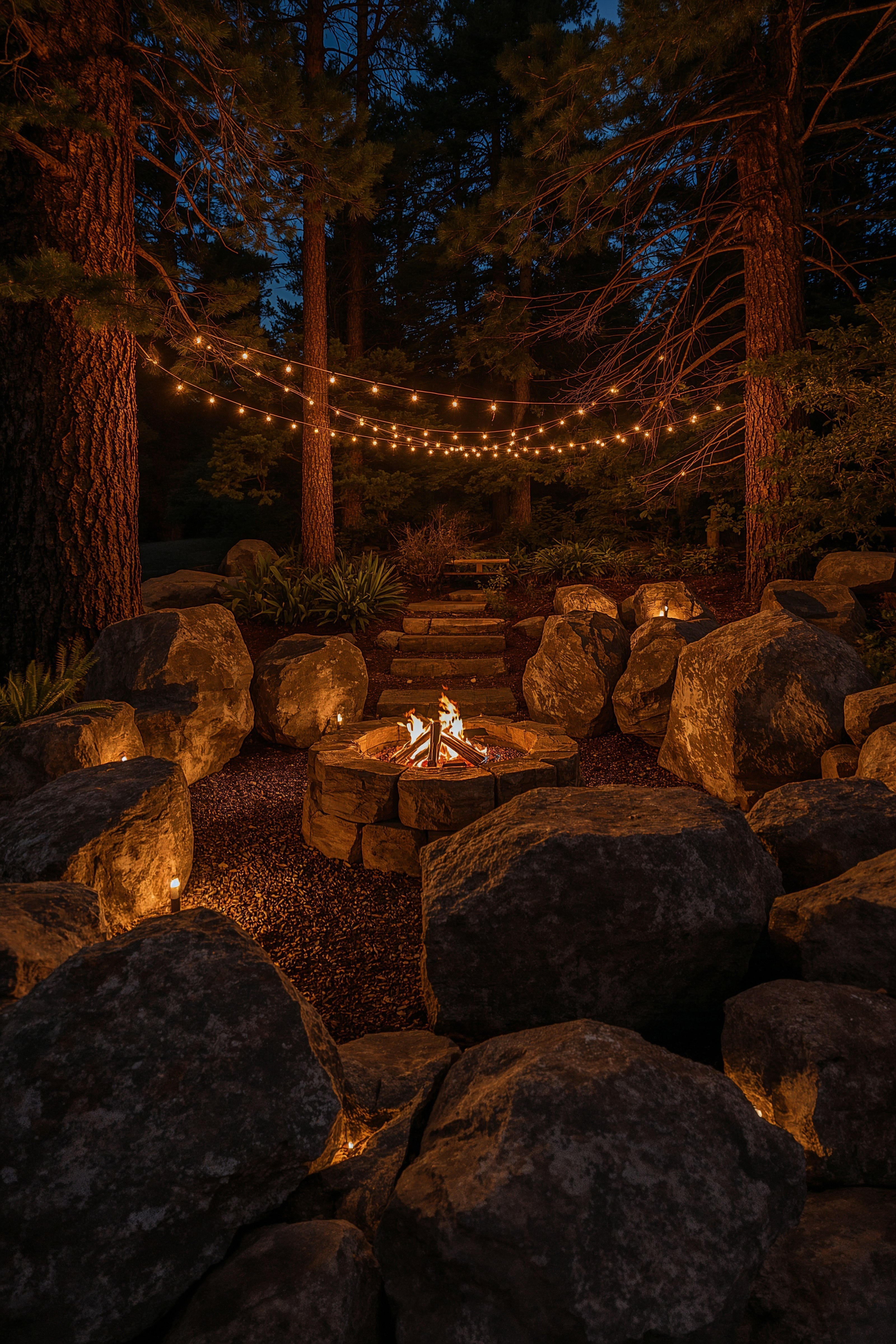 Stunning Backyard Fire Pit: Rock Landscaping & String Light Magic