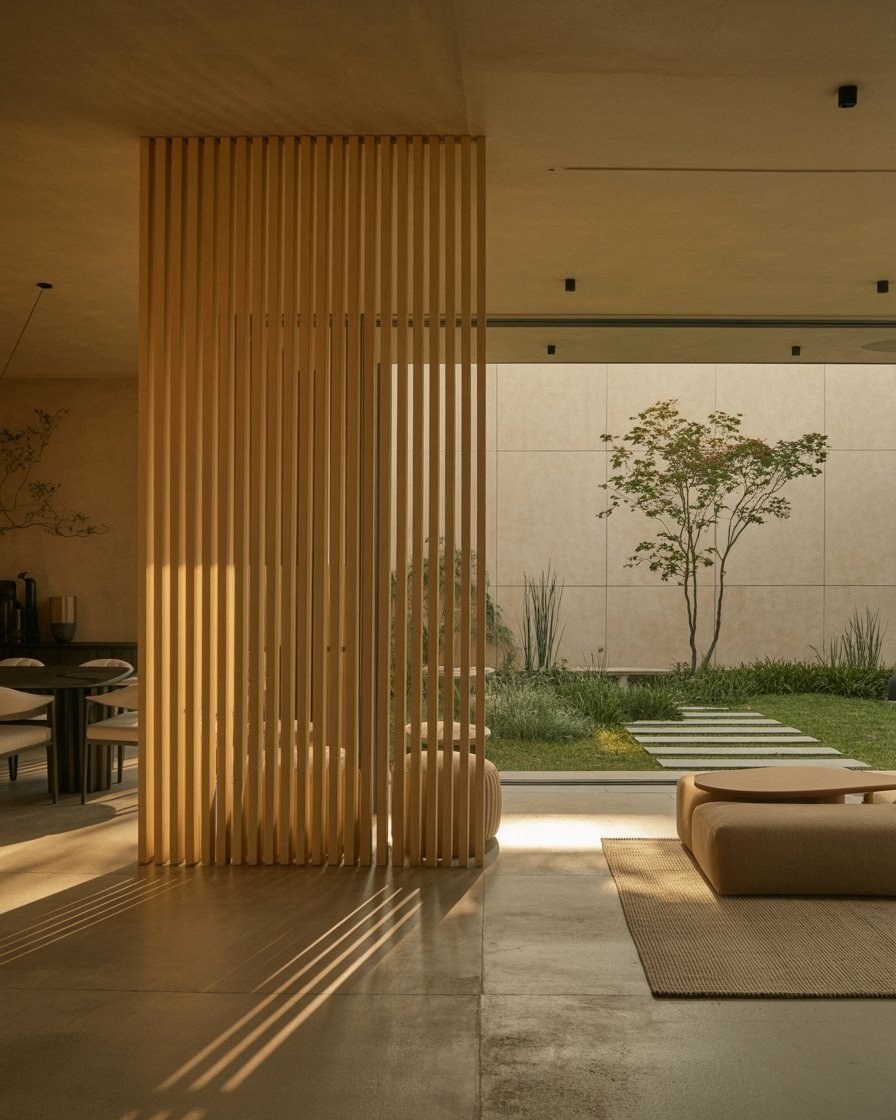 Japandi Divider: Blending Courtyard Garden Architecture and Living Space