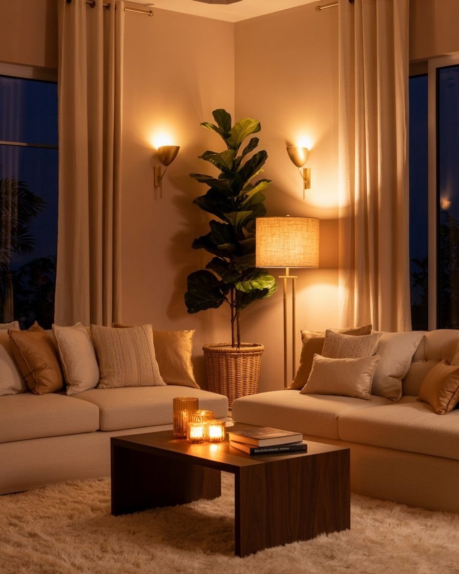 Cozy Living Room Design: Aesthetic Nighttime Glow with Wall Lights
