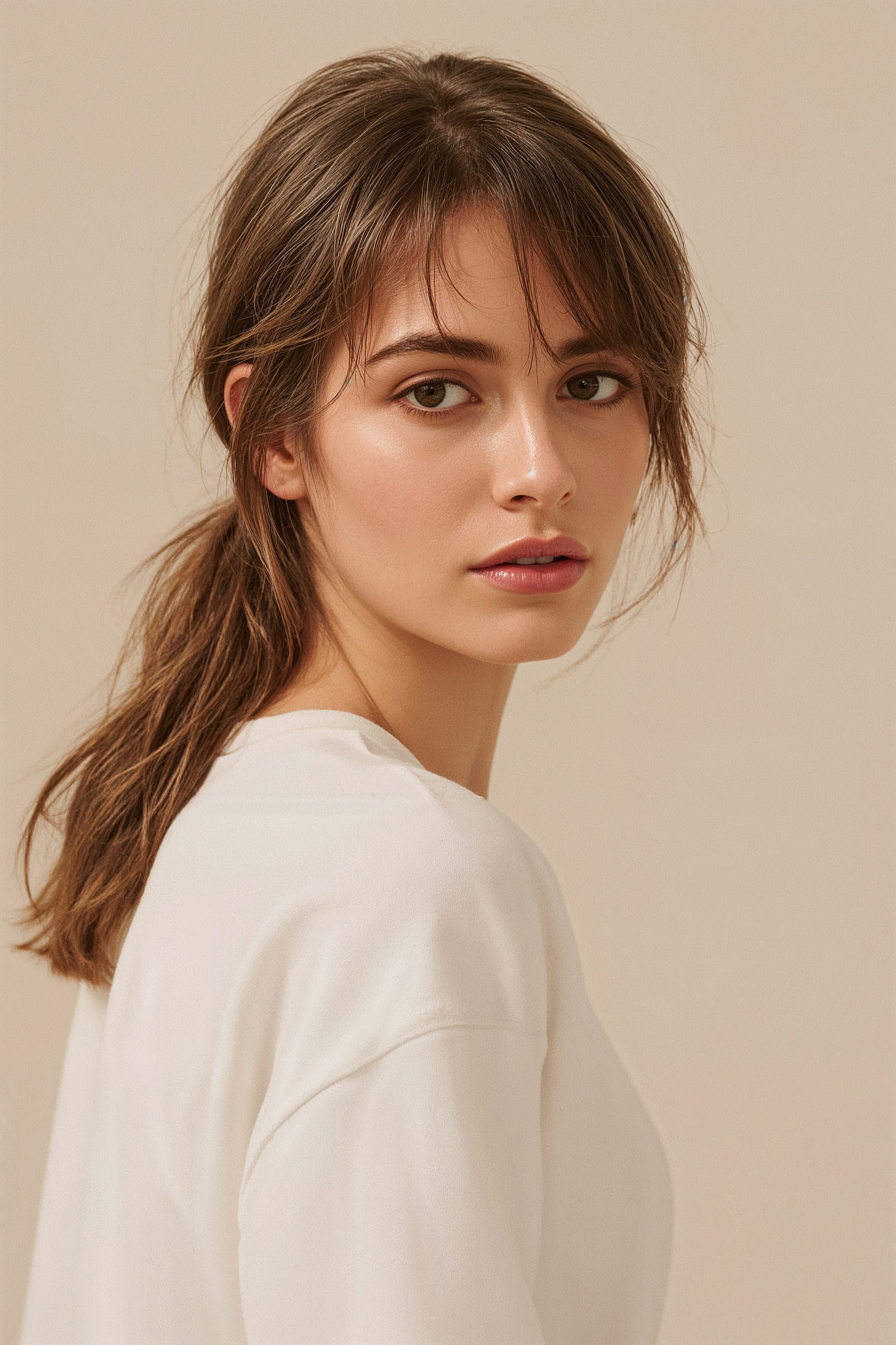 Effortless Wispy Curtain Bangs Ponytail for Medium Length Hair