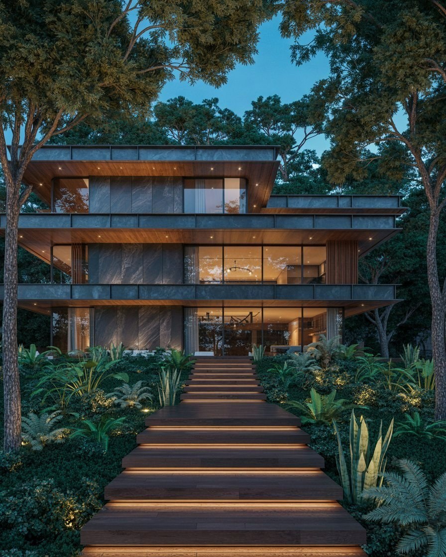 Dark Luxury Mansion: Futuristic Wood & Stone Exterior Design