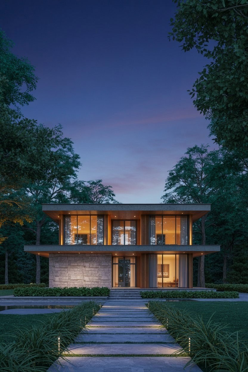 Modern Two-Story Stone House: Dusk Illumination & Forest Views