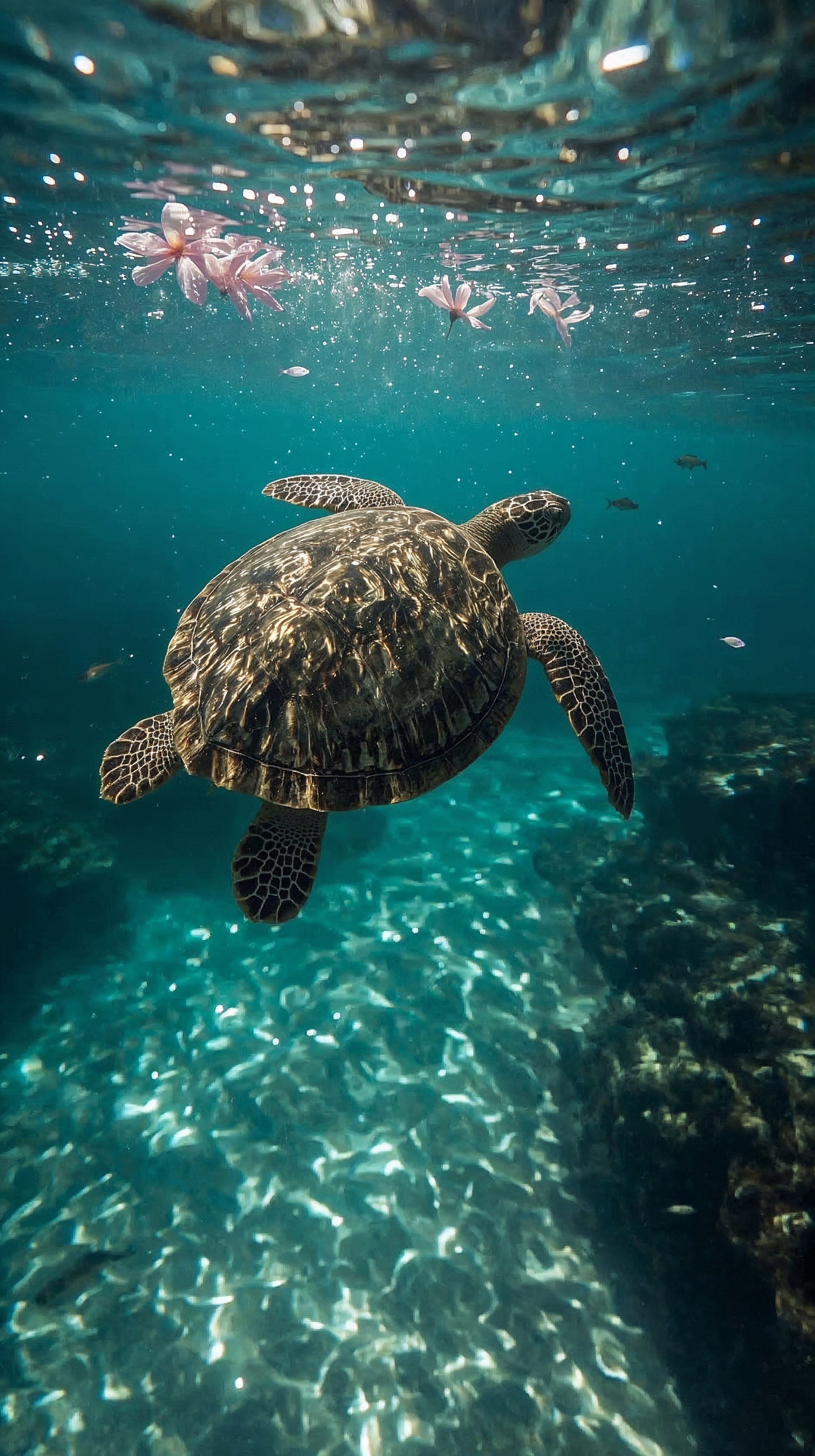 Aesthetic Turtles & Blossoms: Crystal Clear Ocean Wallpaper