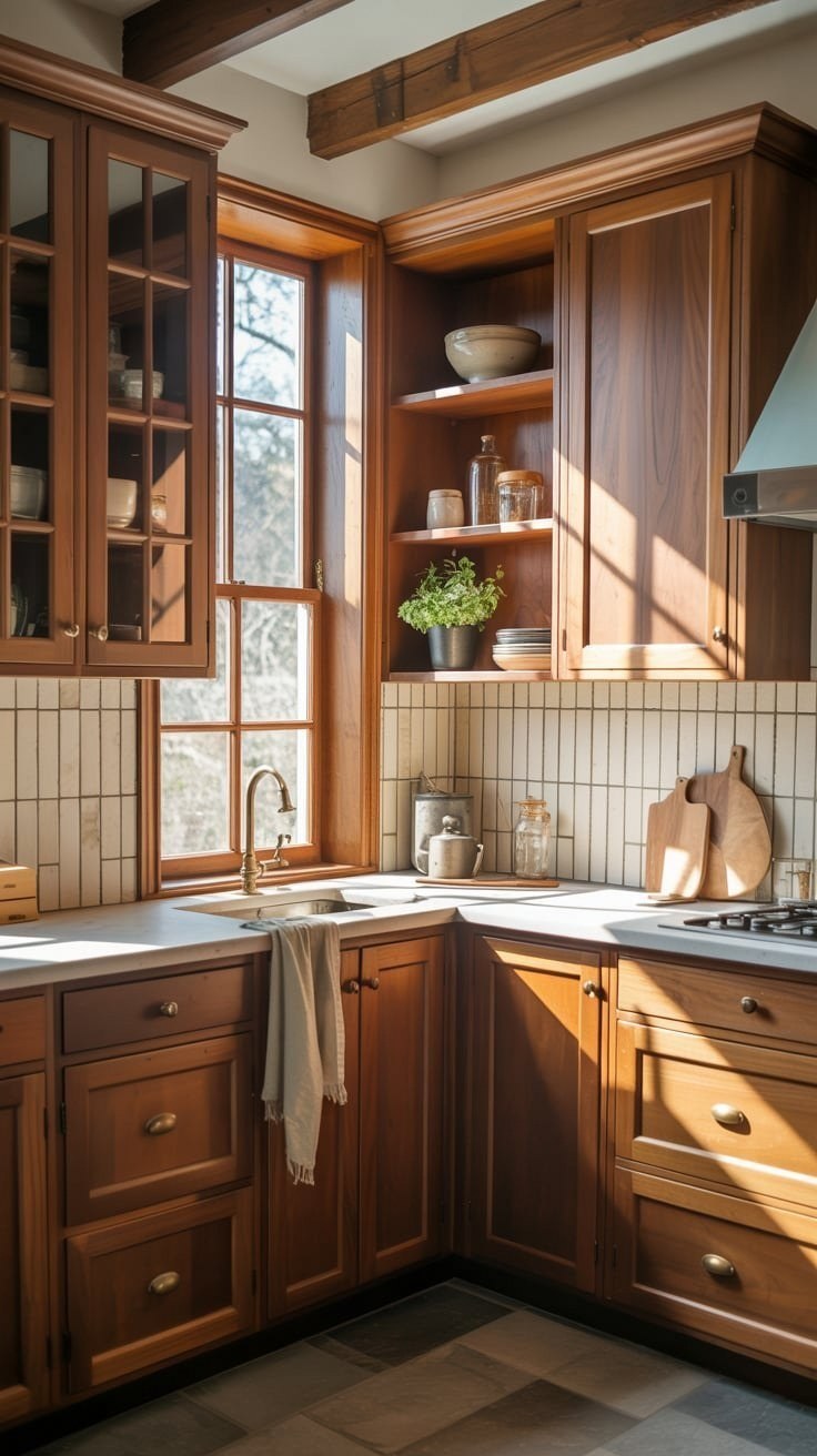Kitchen Corner Cabinet Ideas: Decorative Shelves & Warm Wood Charm