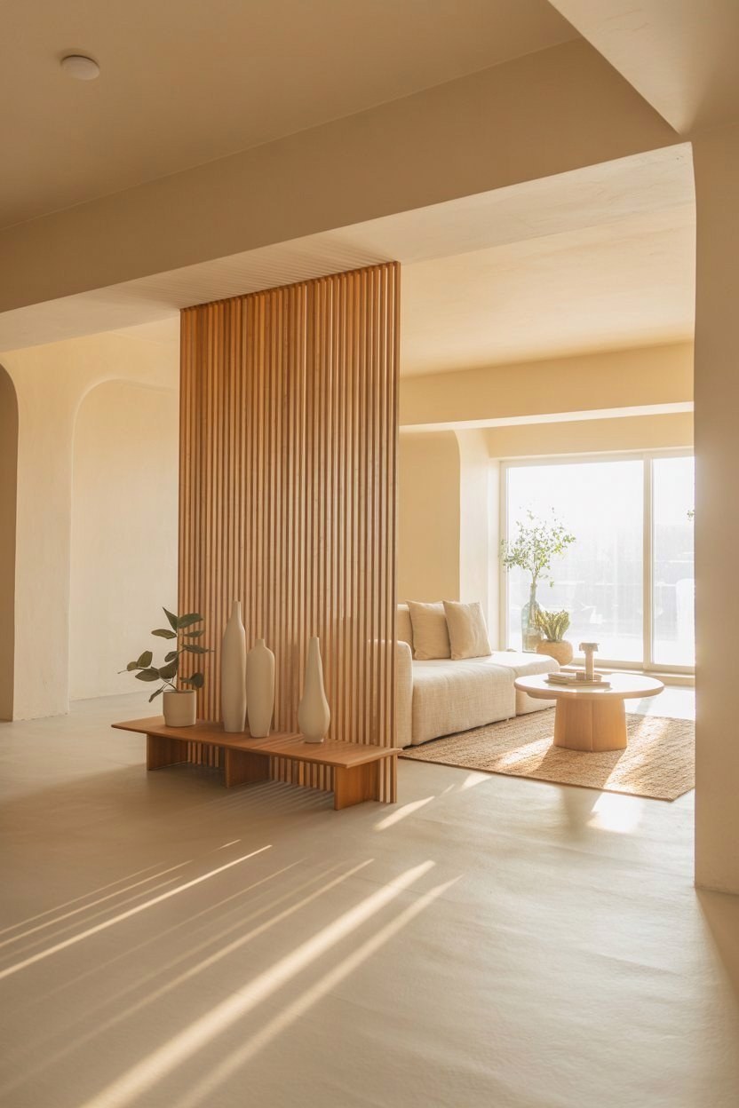 Japandi Living Room Partition: Modern Wooden Slat Divider Ideas