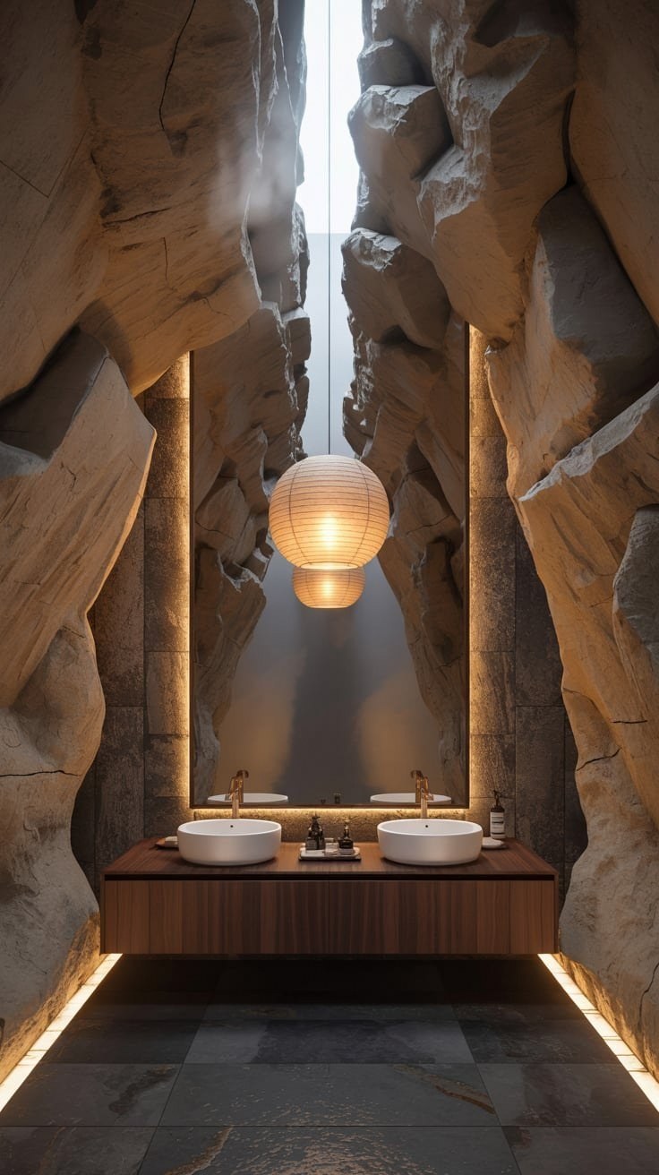Wabi Sabi Bathroom: Natural Stone Walls & Spa Vibe Lighting