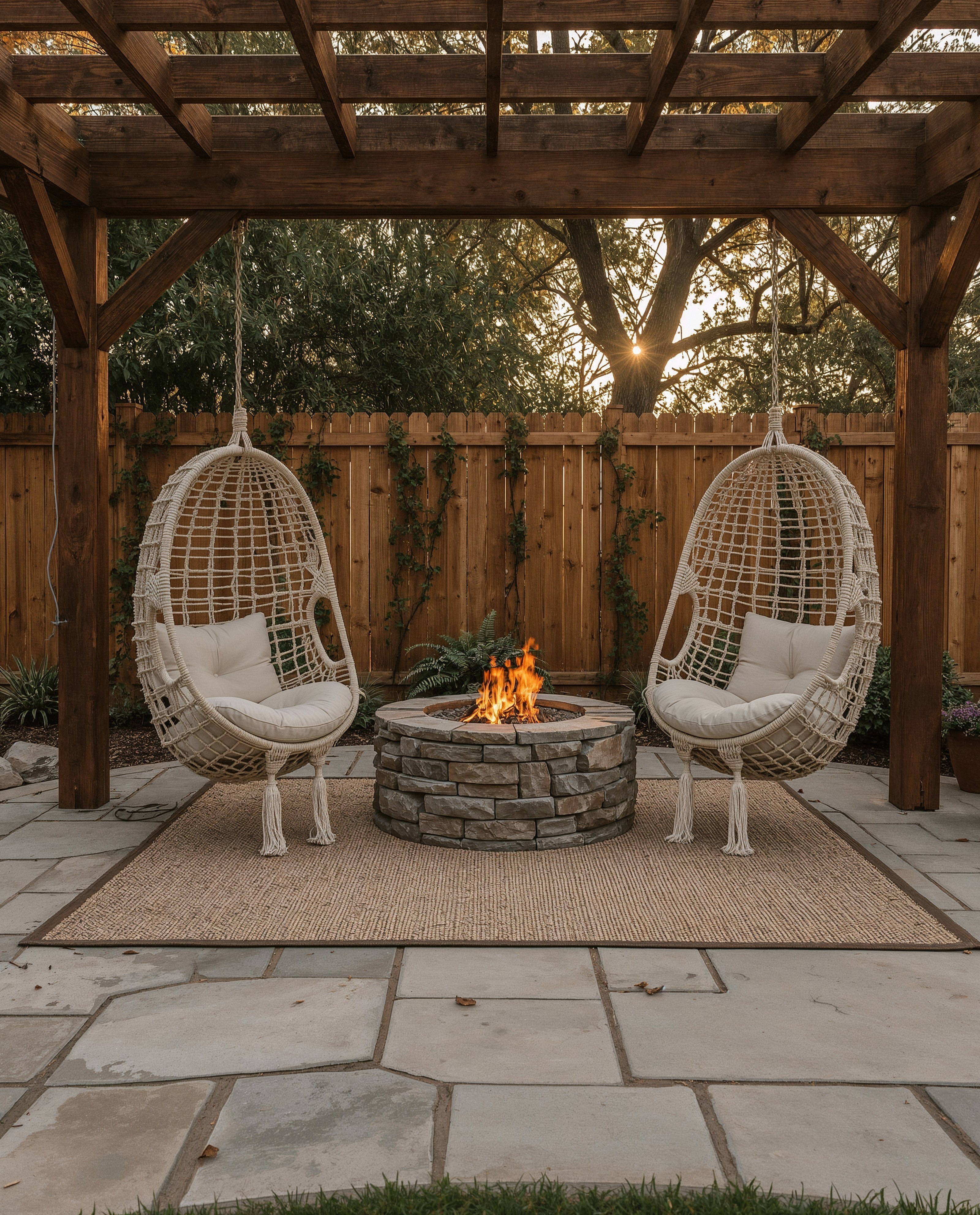 Backyard Retreat: Fire Pit Hanging Chairs & Rustic Patio Vibes