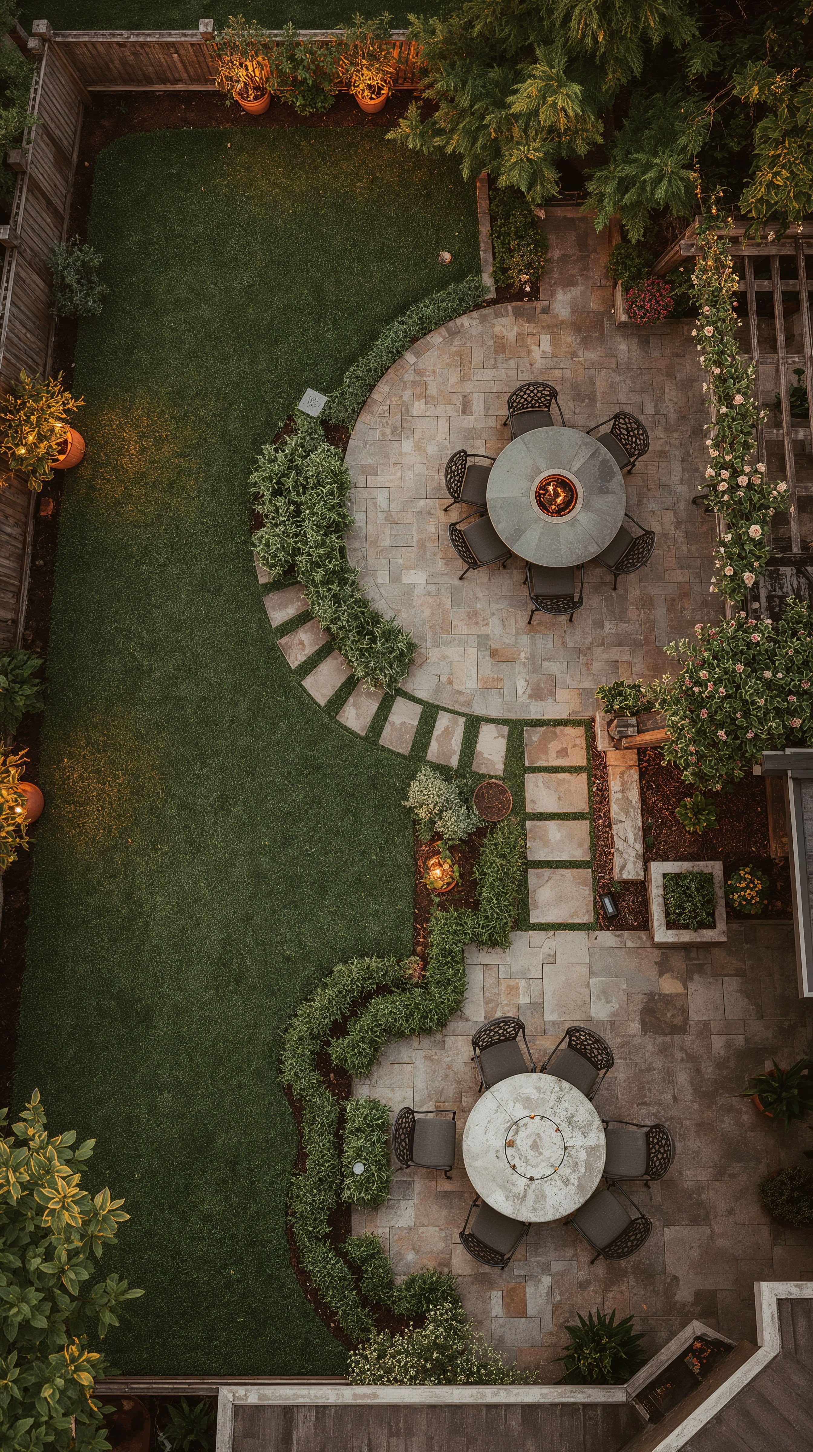 Dream Backyard Garden Layout: Patio Design & Fire Pit Bliss