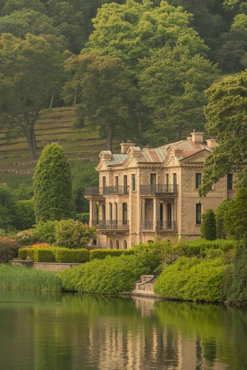 Luxury Stone Mansion: Rustic Garden Home Design & Expansive Yard Layouts