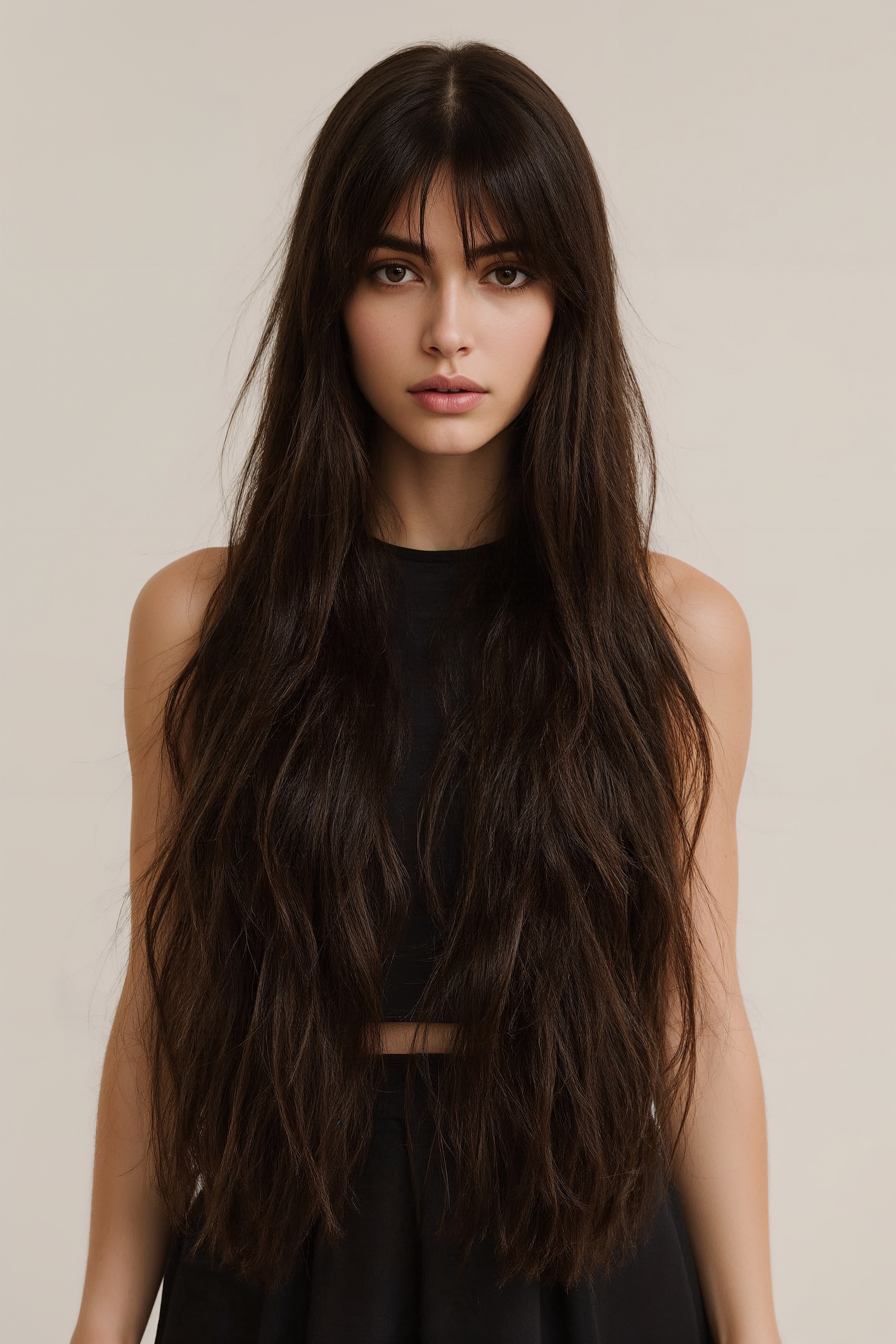 Dreamy Butterfly Haircut: Very Long Black Hair with Flowing Curtain Bangs