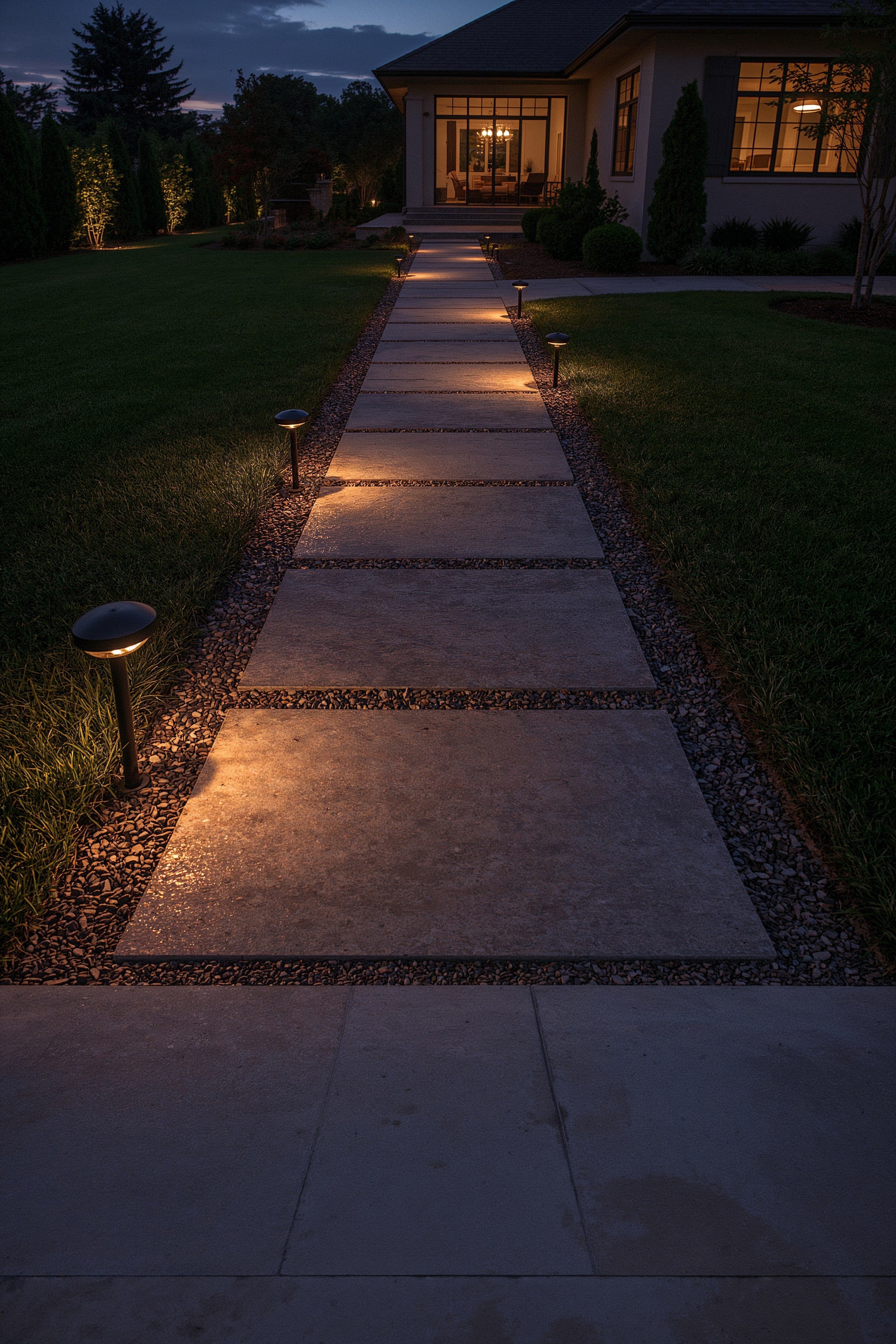 Modern Backyard Landscaping: Stone Paver Walkways & Ambient Garden Lighting