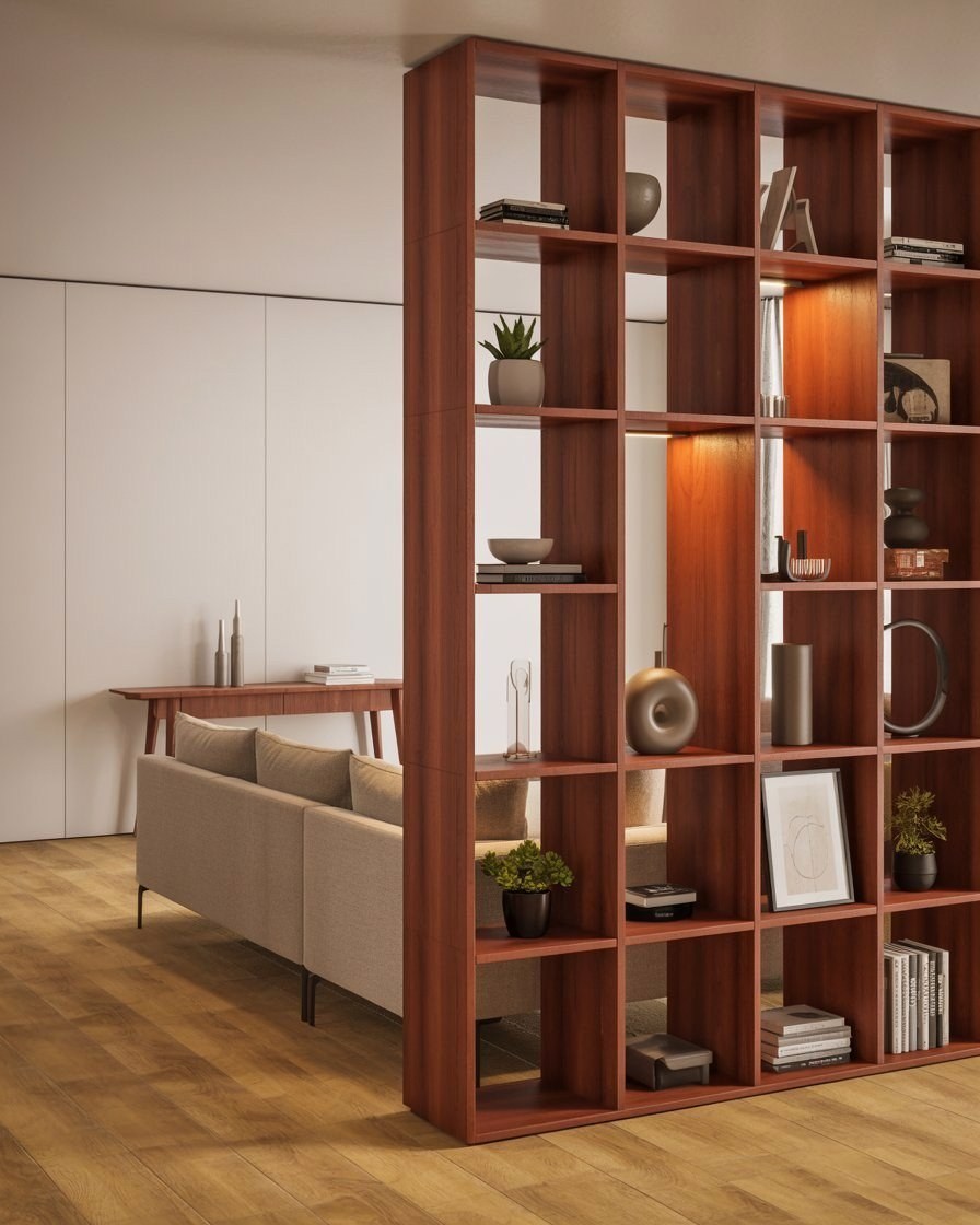 Space-Saving Living Room Partition Designs: Black & Wood Style