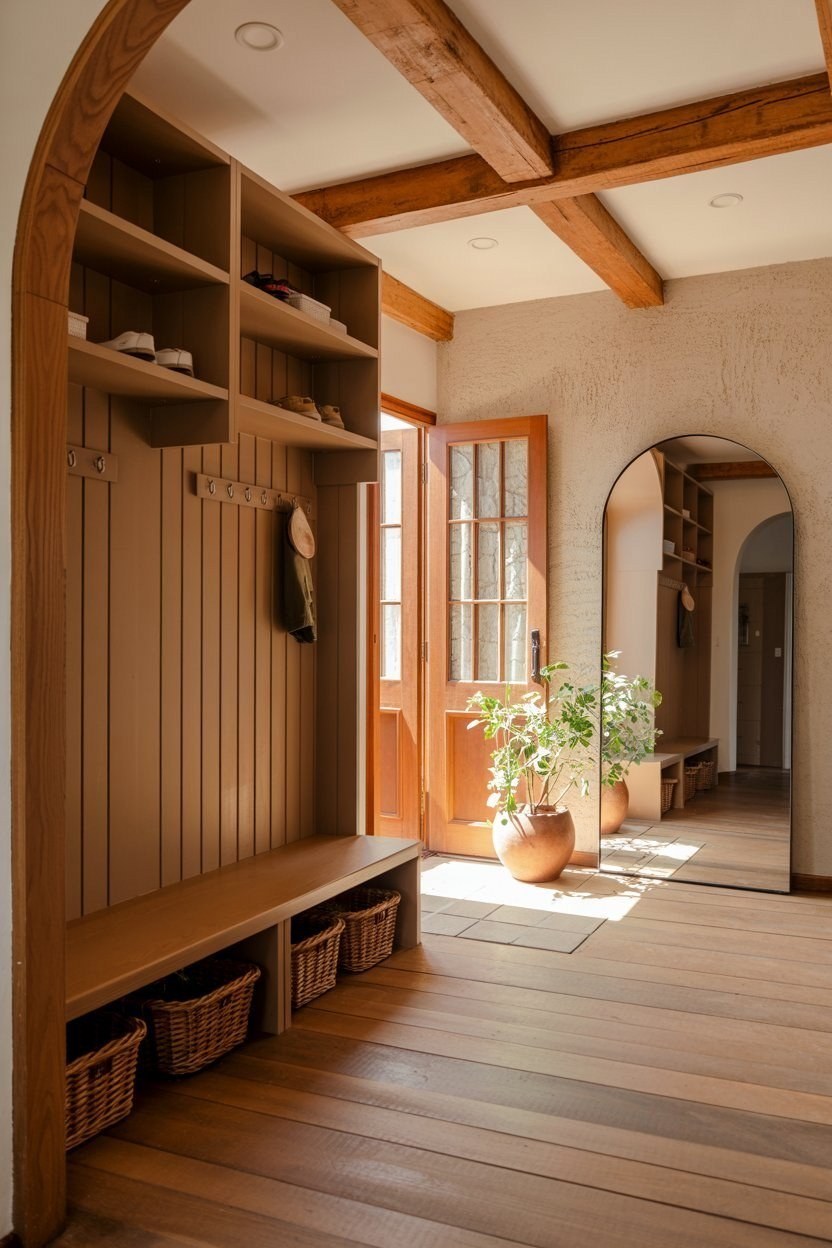 Montessori Entryway: Natural Wood Storage for Dream House Interiors
