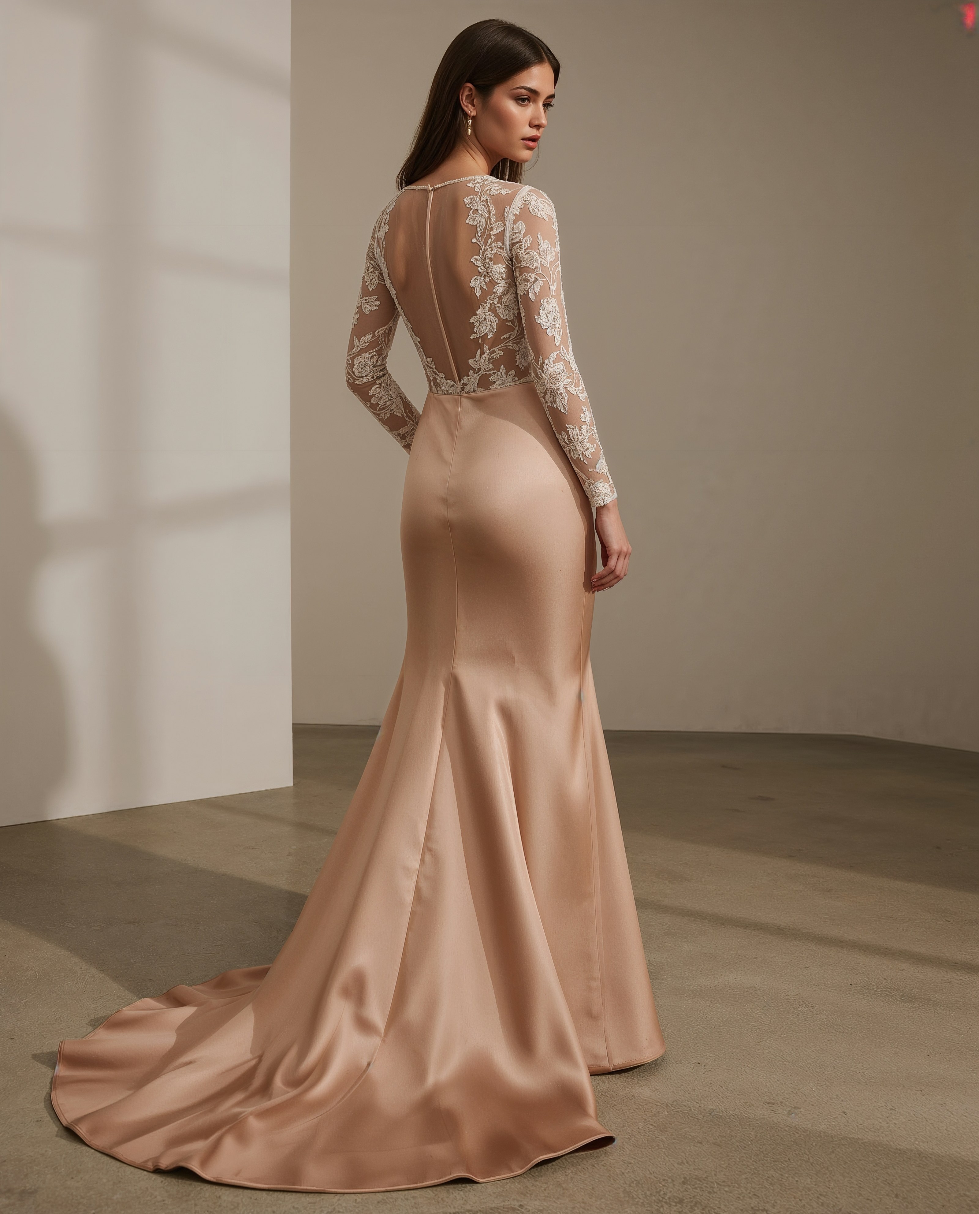Elegant Mermaid Satin Wedding Dress with Lace Sleeves
