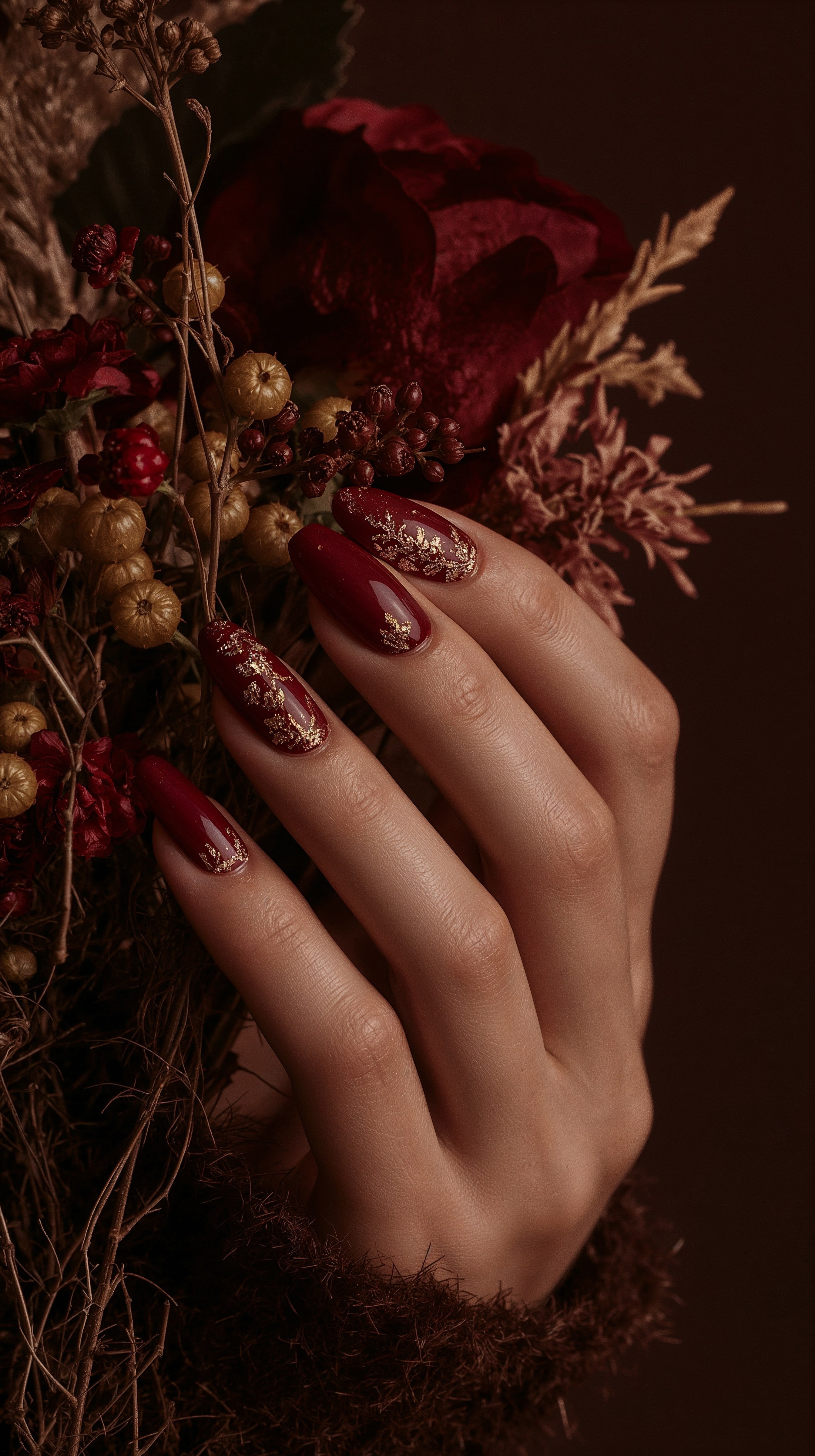 Artistic Fall Almond Nails: Jewel Tones & Gold Flower Accents