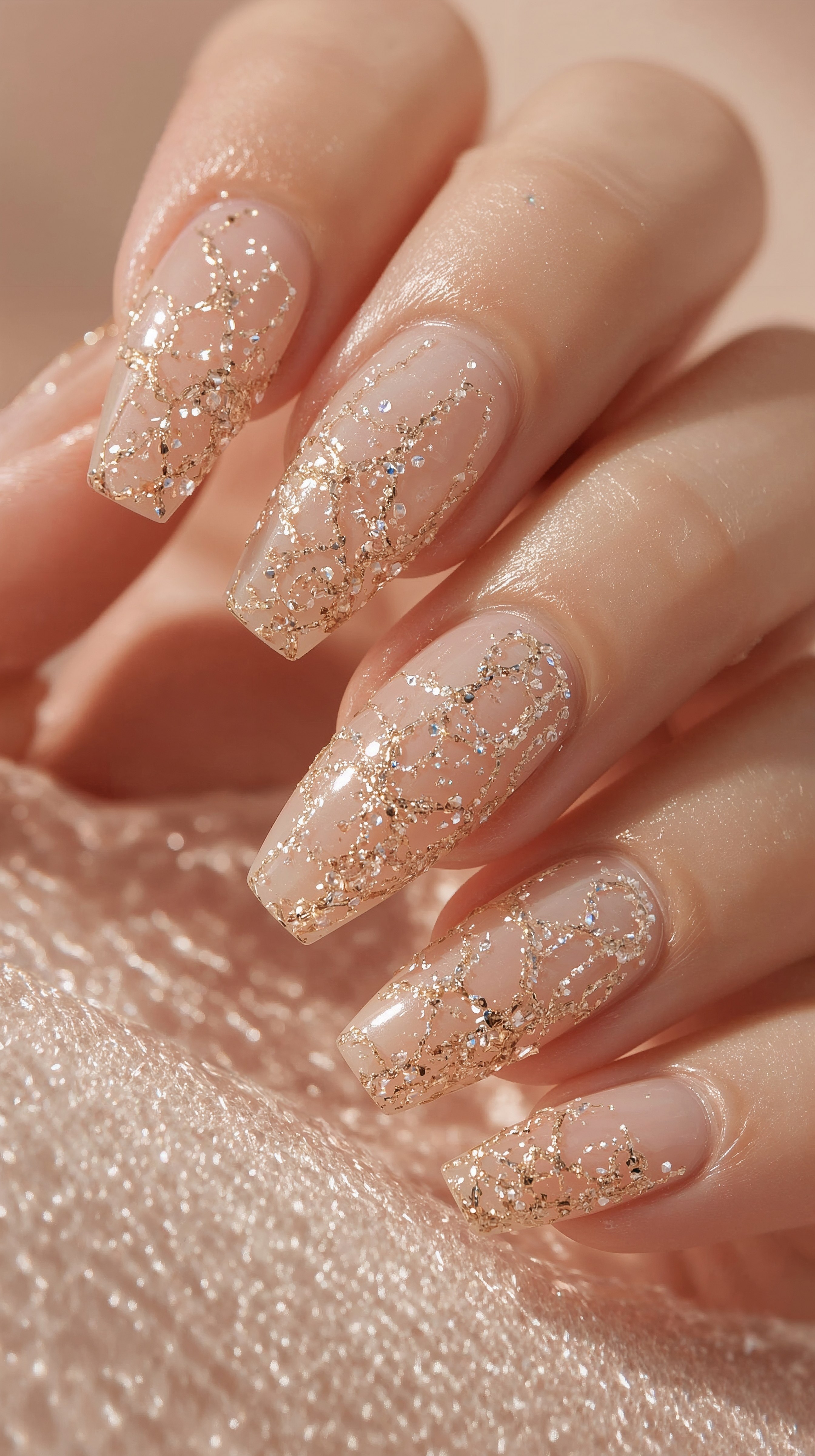 Soft Golden Lace Peach-Nude Nails: Bridal & New Year’s Radiance