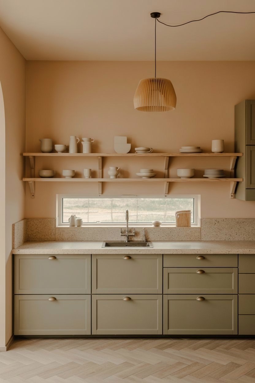 Sage Green & Beige Kitchens: Open Concepts, No Upper Cabinets