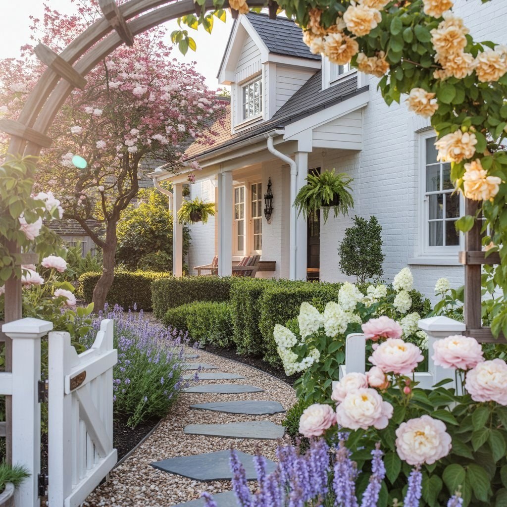 Modern Cottage House Exterior: Spring Garden Elegance