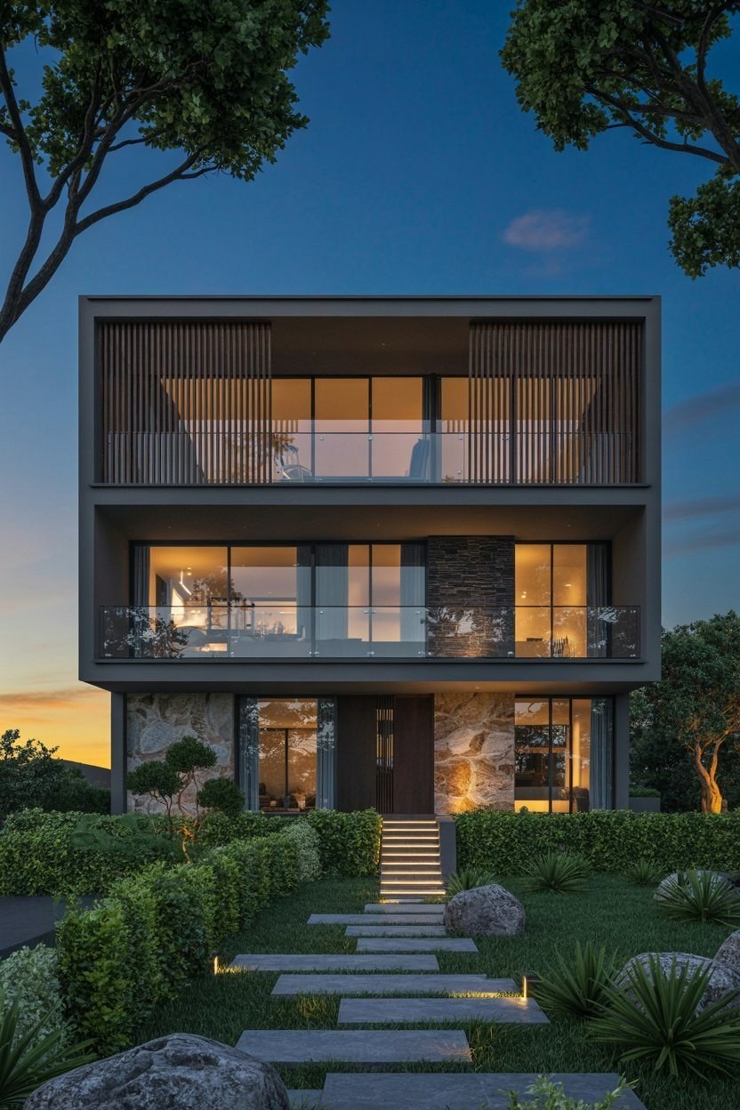 Modern House Grill Design: Dusk Views of a Luxury Two-Story Villa