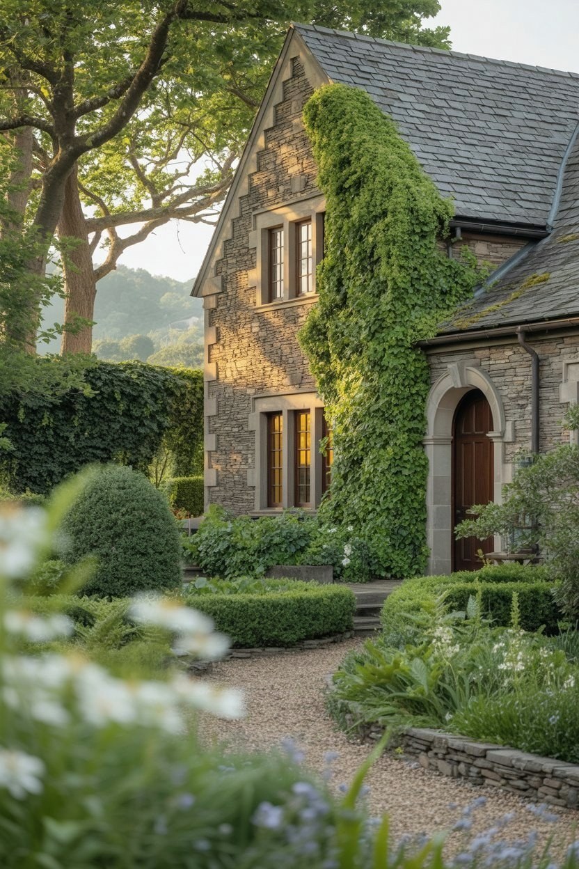 Enchanting Green Stone House: Lush Gardens & Timeless Exterior Design