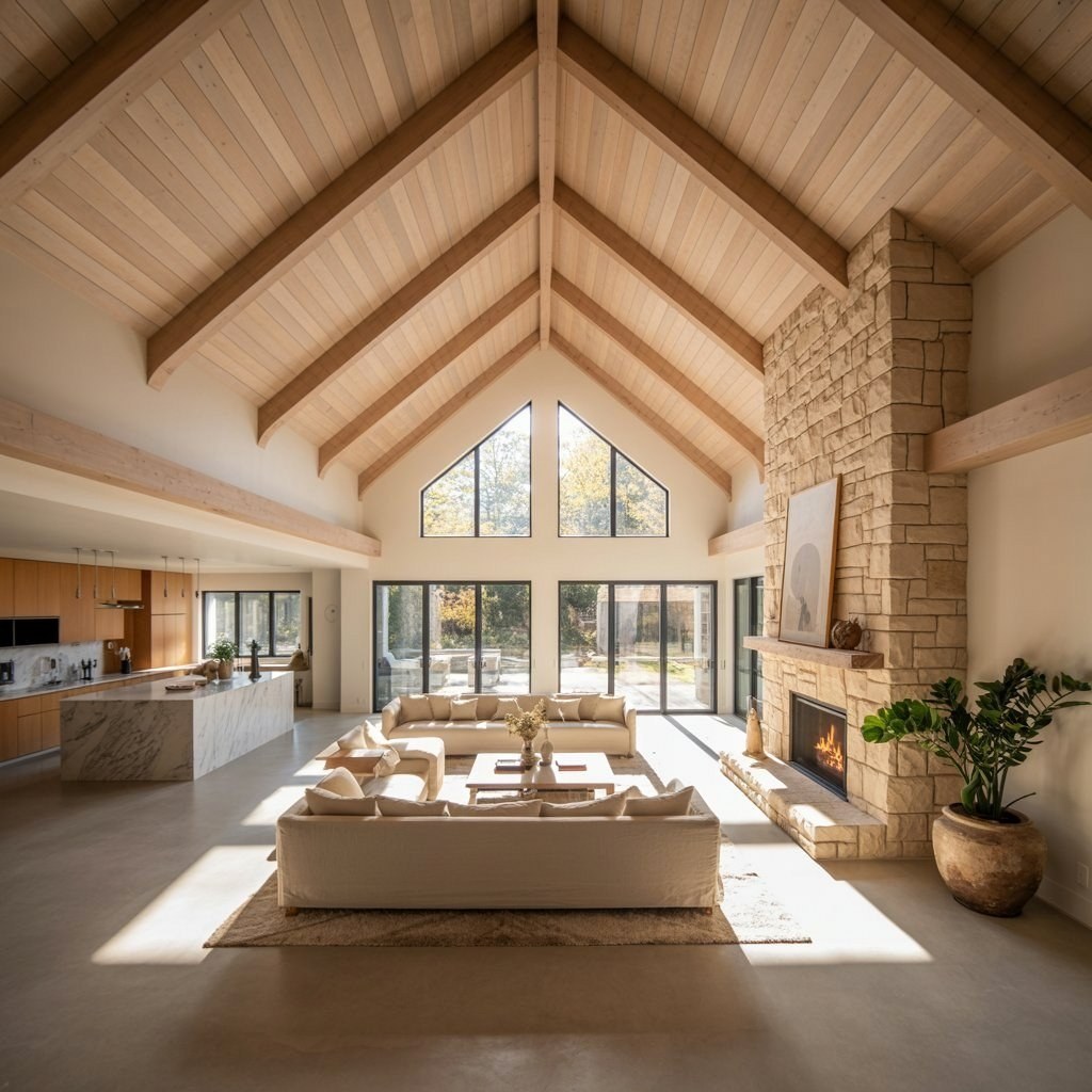 Open Floor Plan Living Room & Kitchen: Modern Farmhouse Cathedral