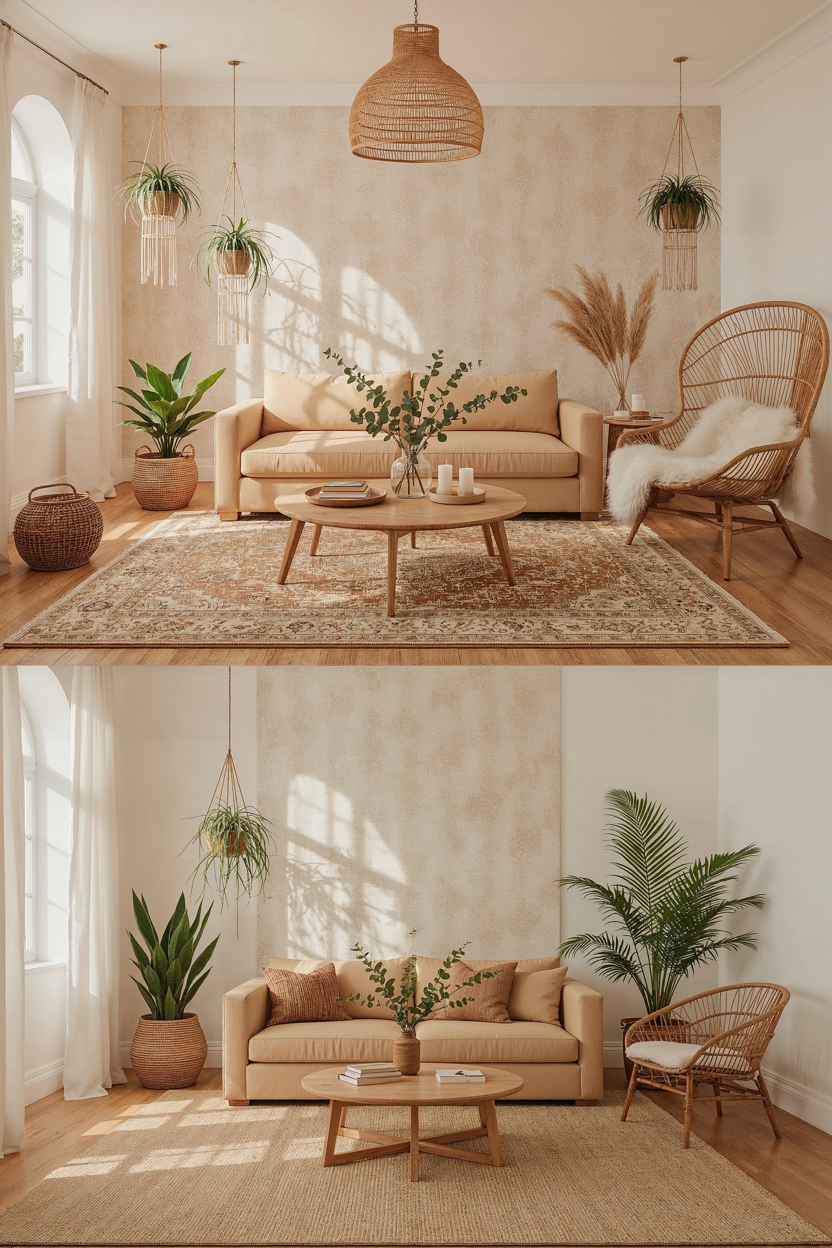 Chic Boho Living Room: Earthy Wallpaper & Dream House Decor