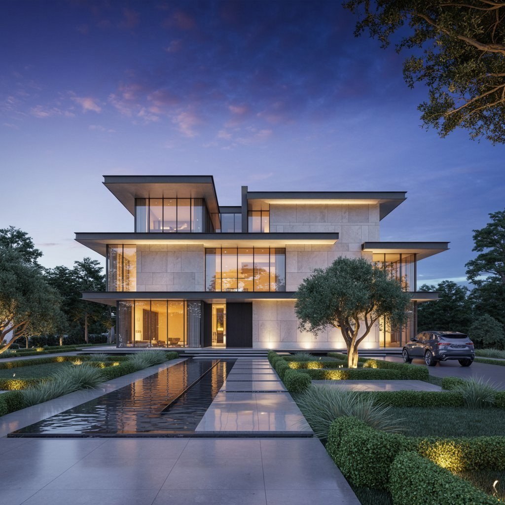 Luxury Modern Home Design: Sleek Architecture & Ambient Dusk Glow