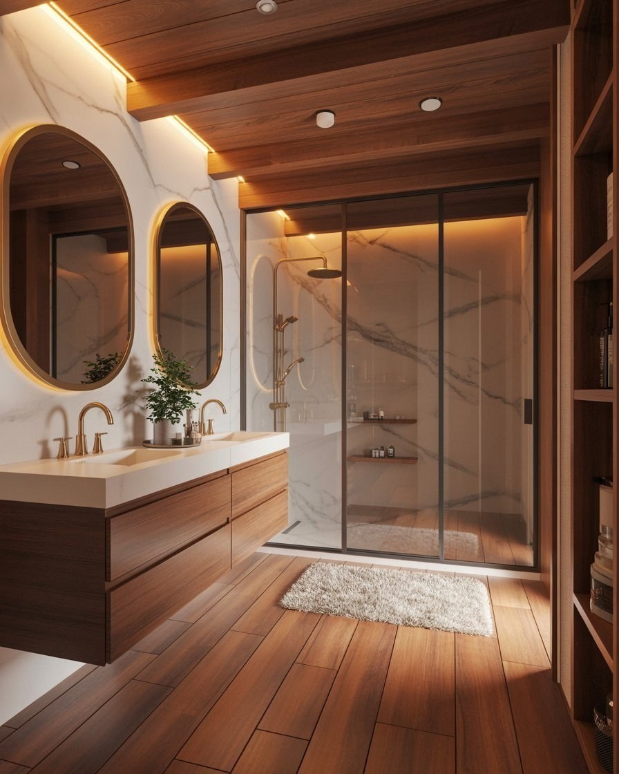 Warm Wood Bathrooms: Walk-In Showers & Large Format Tiles