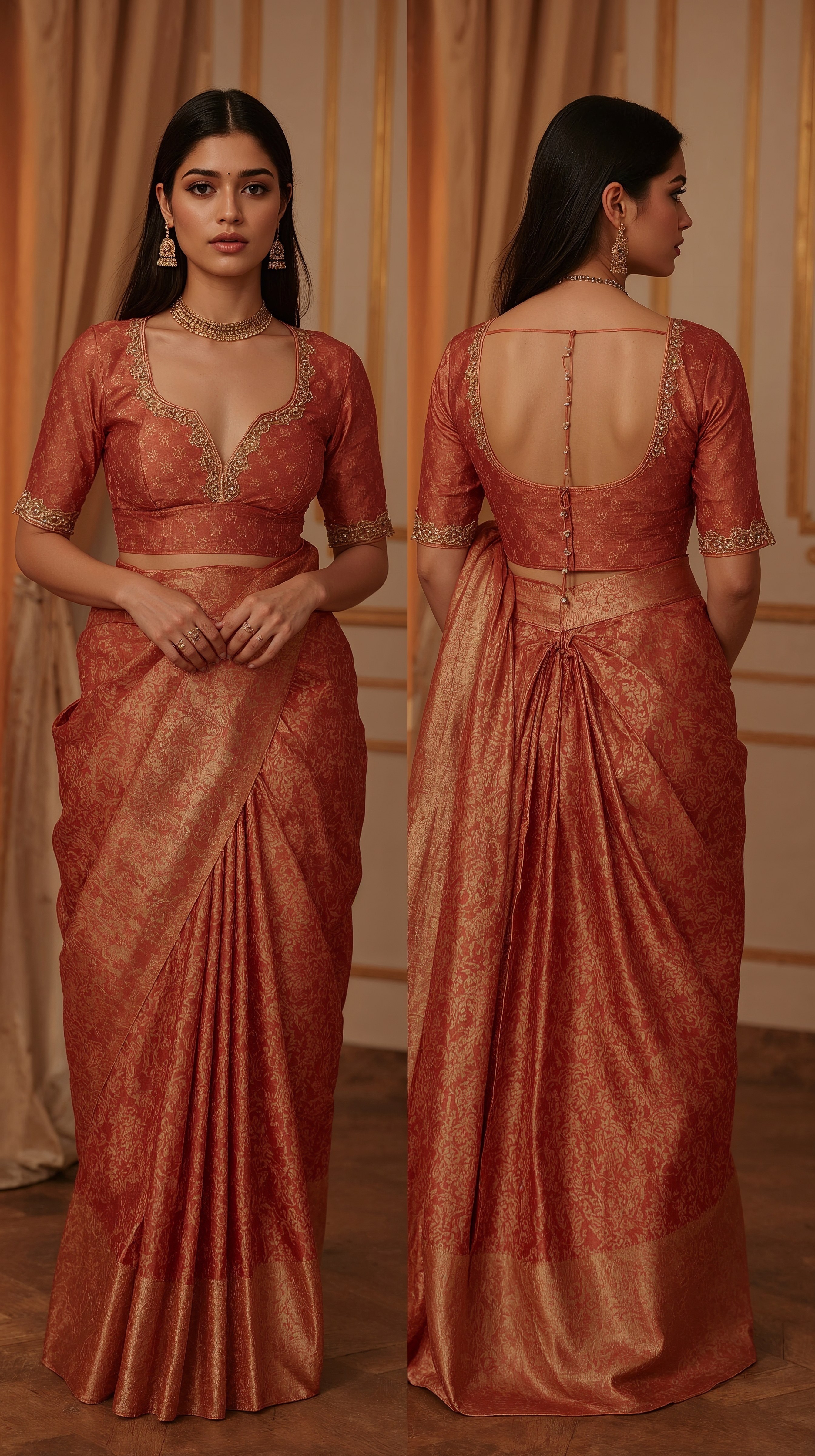 Elegant Terracotta Saree Blouse: Front V-Neck to Ornate Back Design 2026