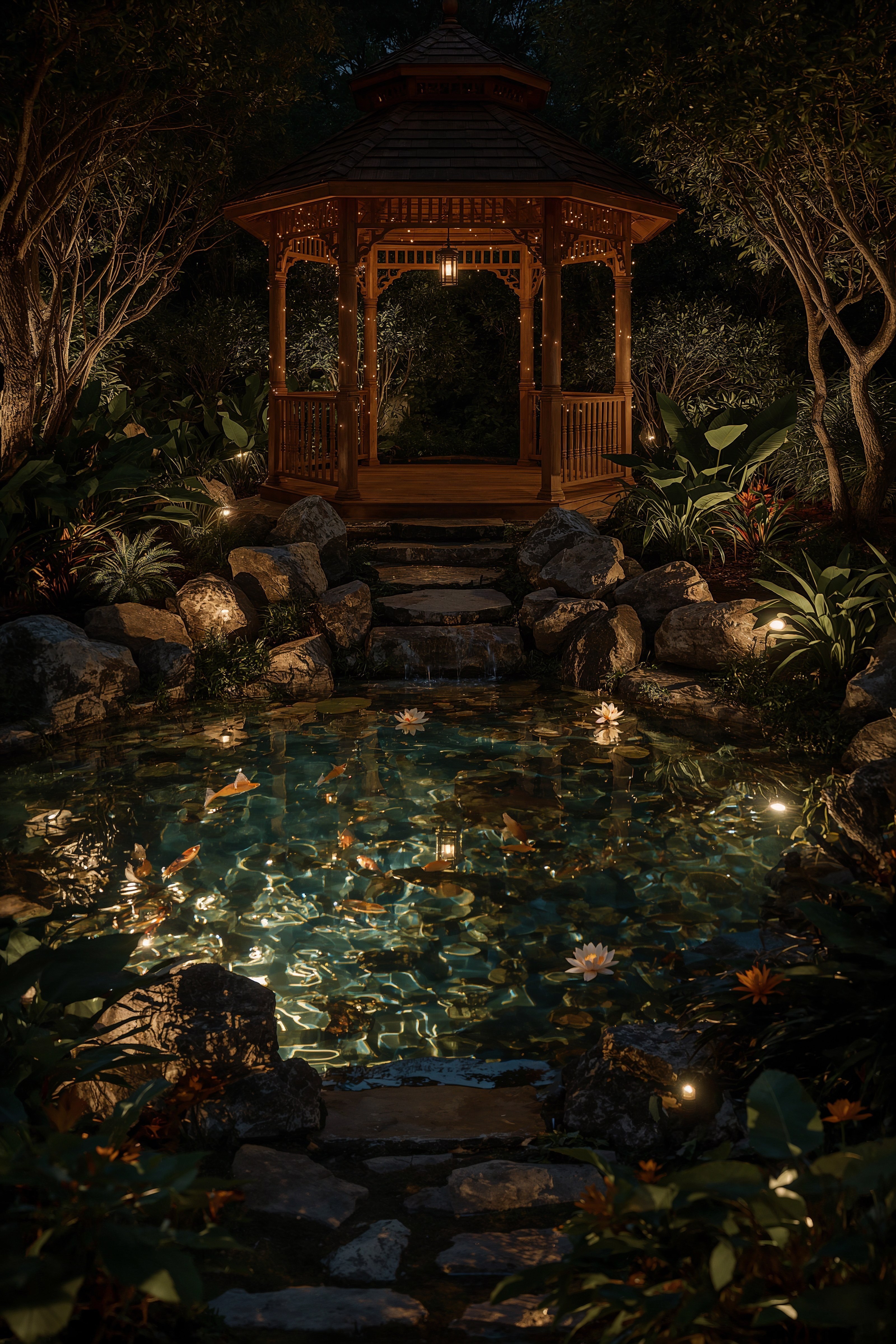 Magical Gazebo Retreat: Backyard Garden Pond & Glowing Lights