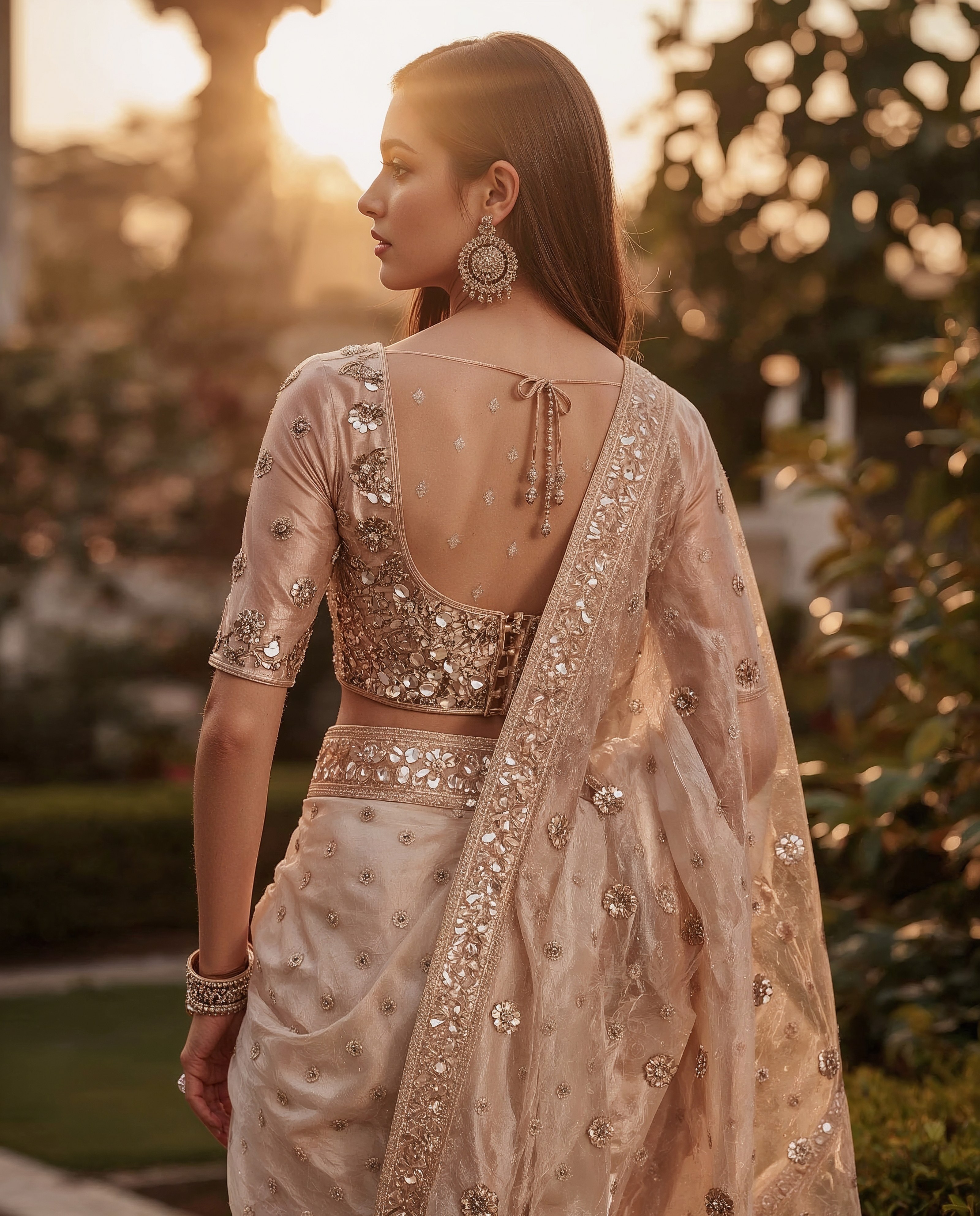 Rose Gold Glamour: Embroidered Bridal Blouse with Designer Sleeves