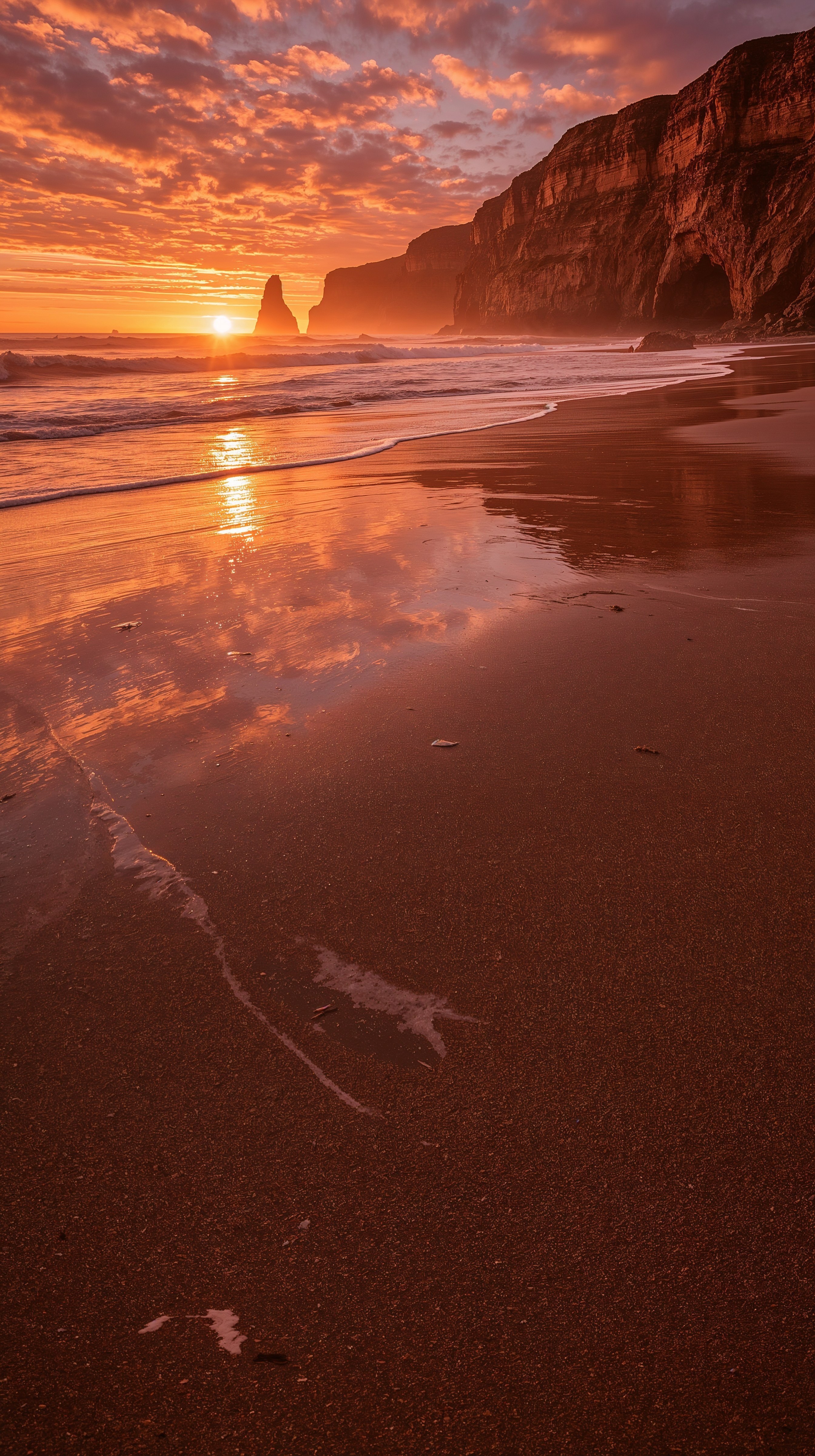 Coastal Majesty: Ocean Sunset Cliffs Beach Wallpaper