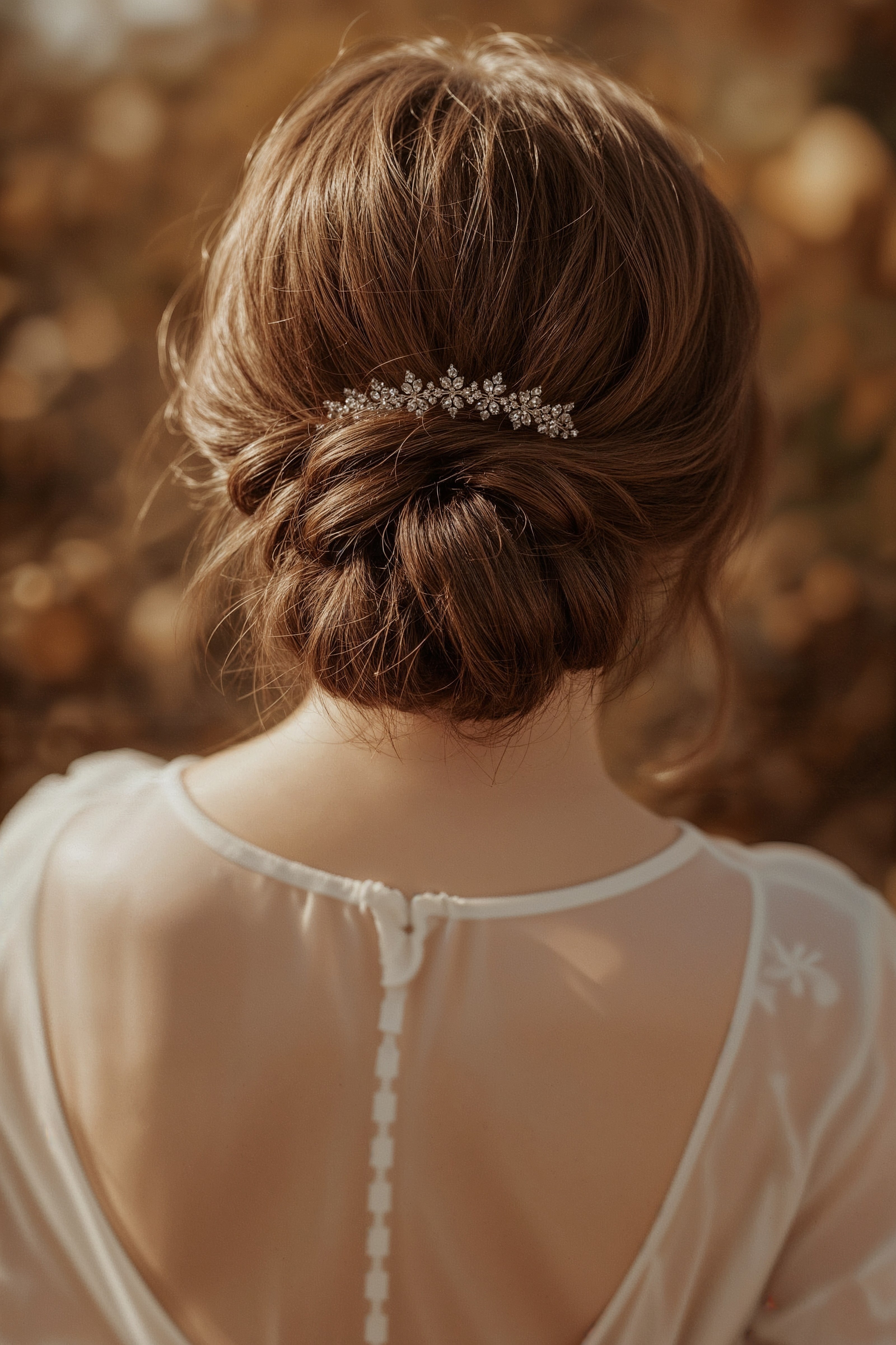 Dreamy Fall Bridal Hair: Braided Bun with Crystal Headpiece
