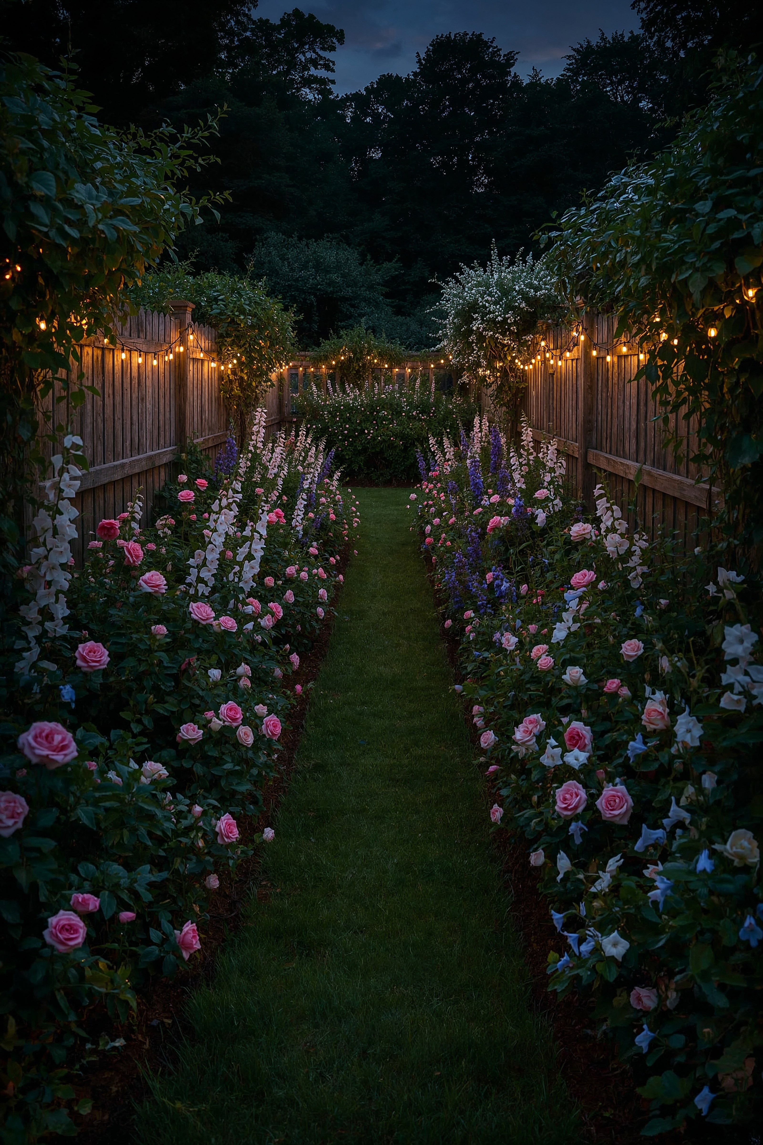Enchanting English Garden Borders Illuminated by Fairy Lights