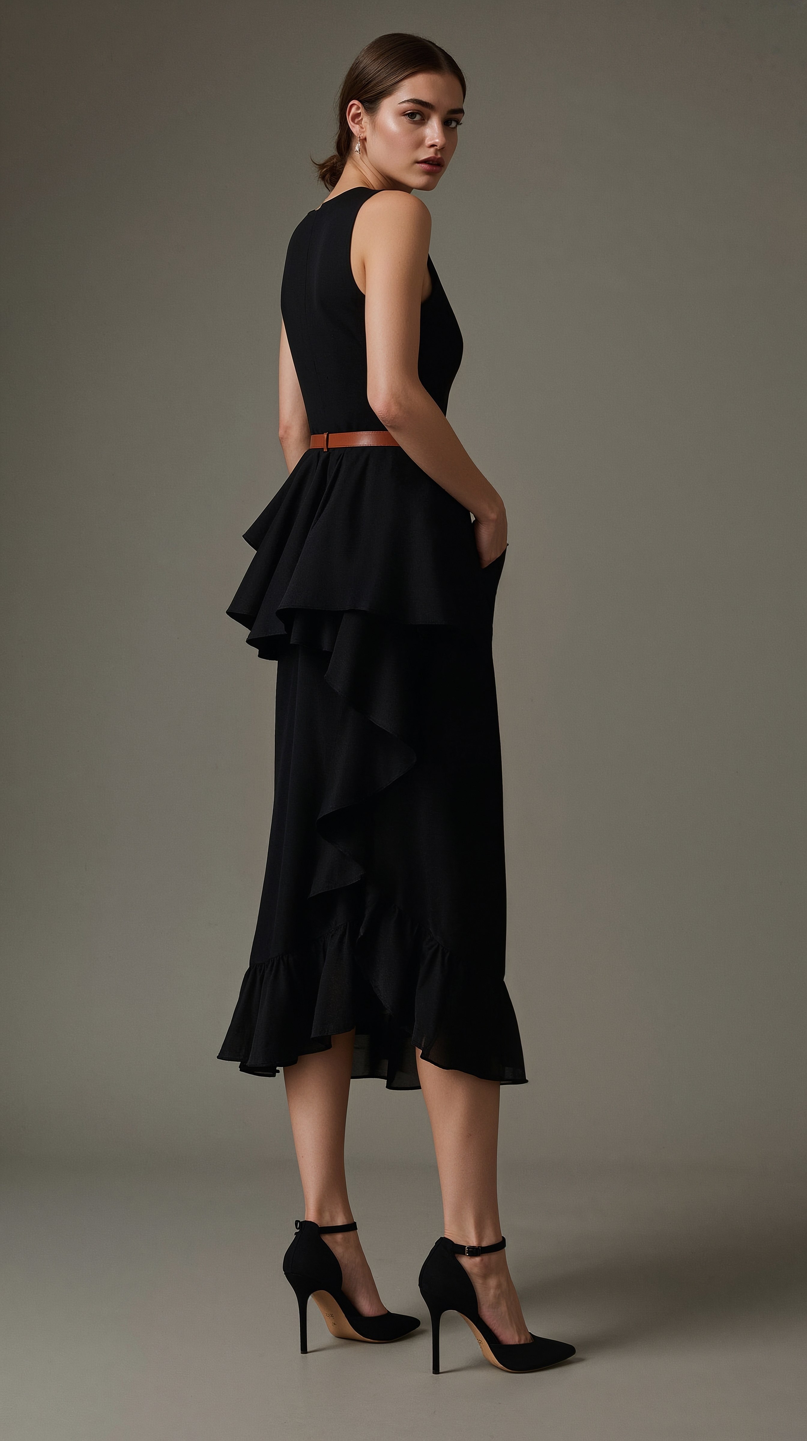 Sleek Black Ruffle Midi Dress: The Epitome of Elegant Evening Wear