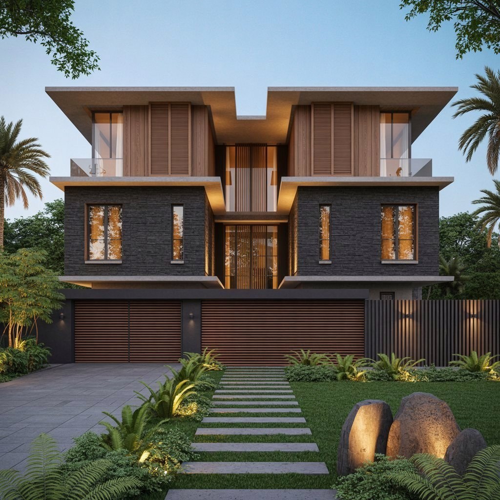 Bold Contemporary Elevation: Dark Textures Meet Warm Materials