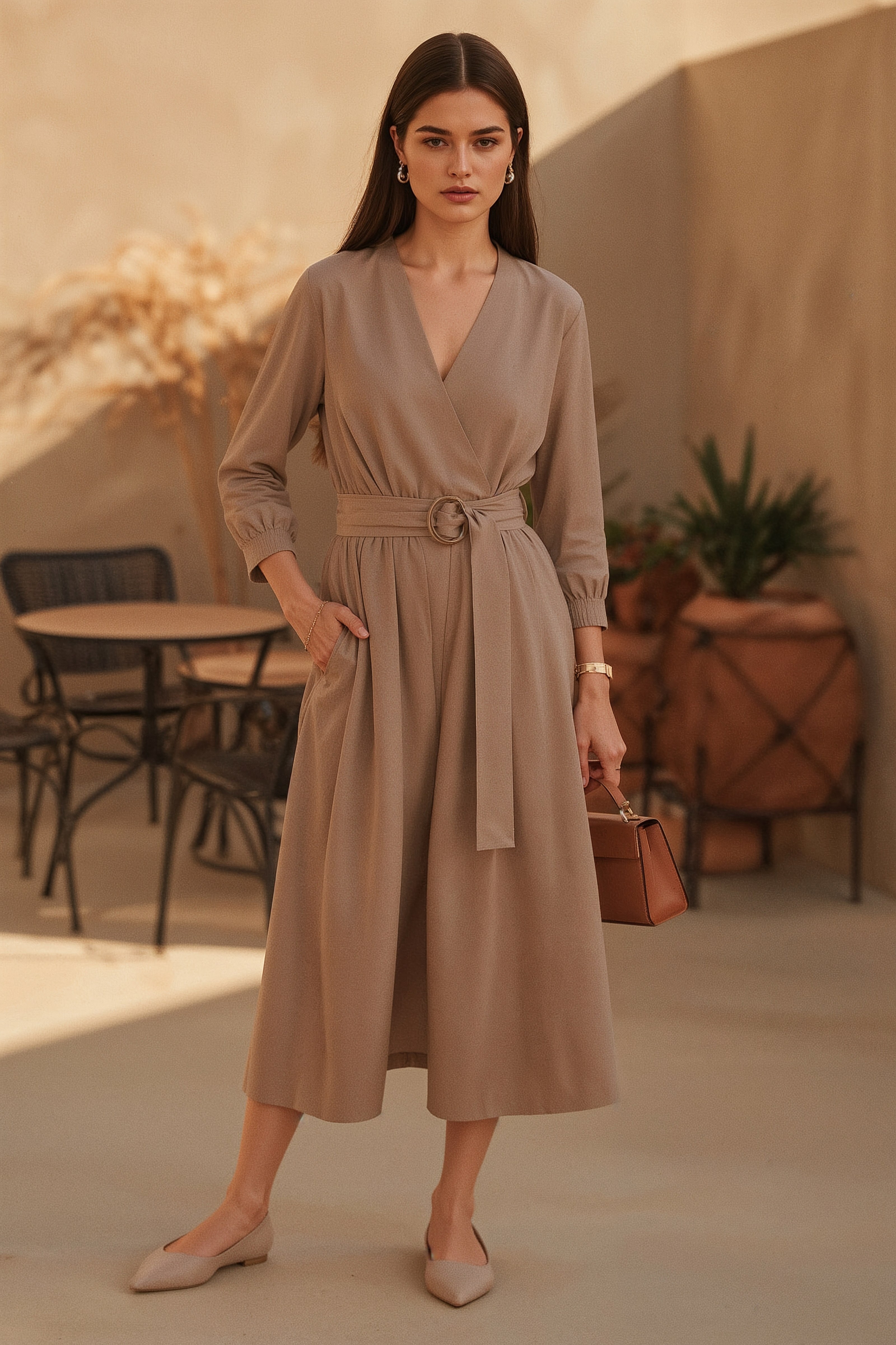 Vintage Belted Midi Dress: Elegant Taupe for Summer Style