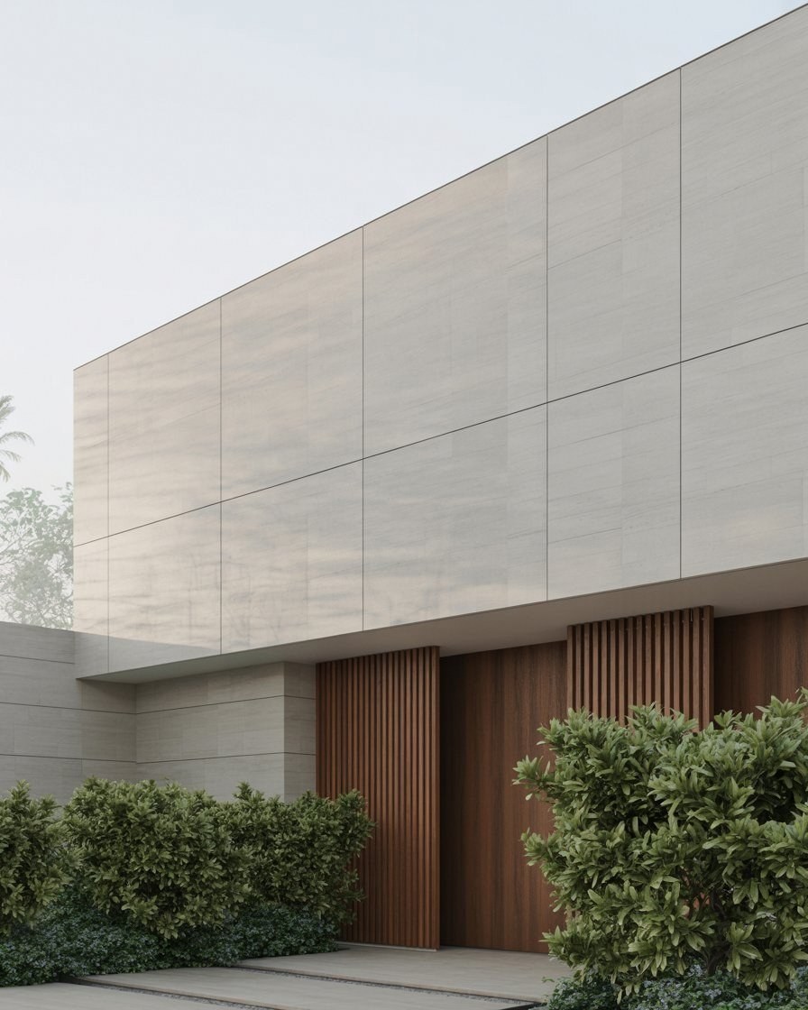 Sleek Minimalist Exterior: Concrete & Wood Slatted Doors