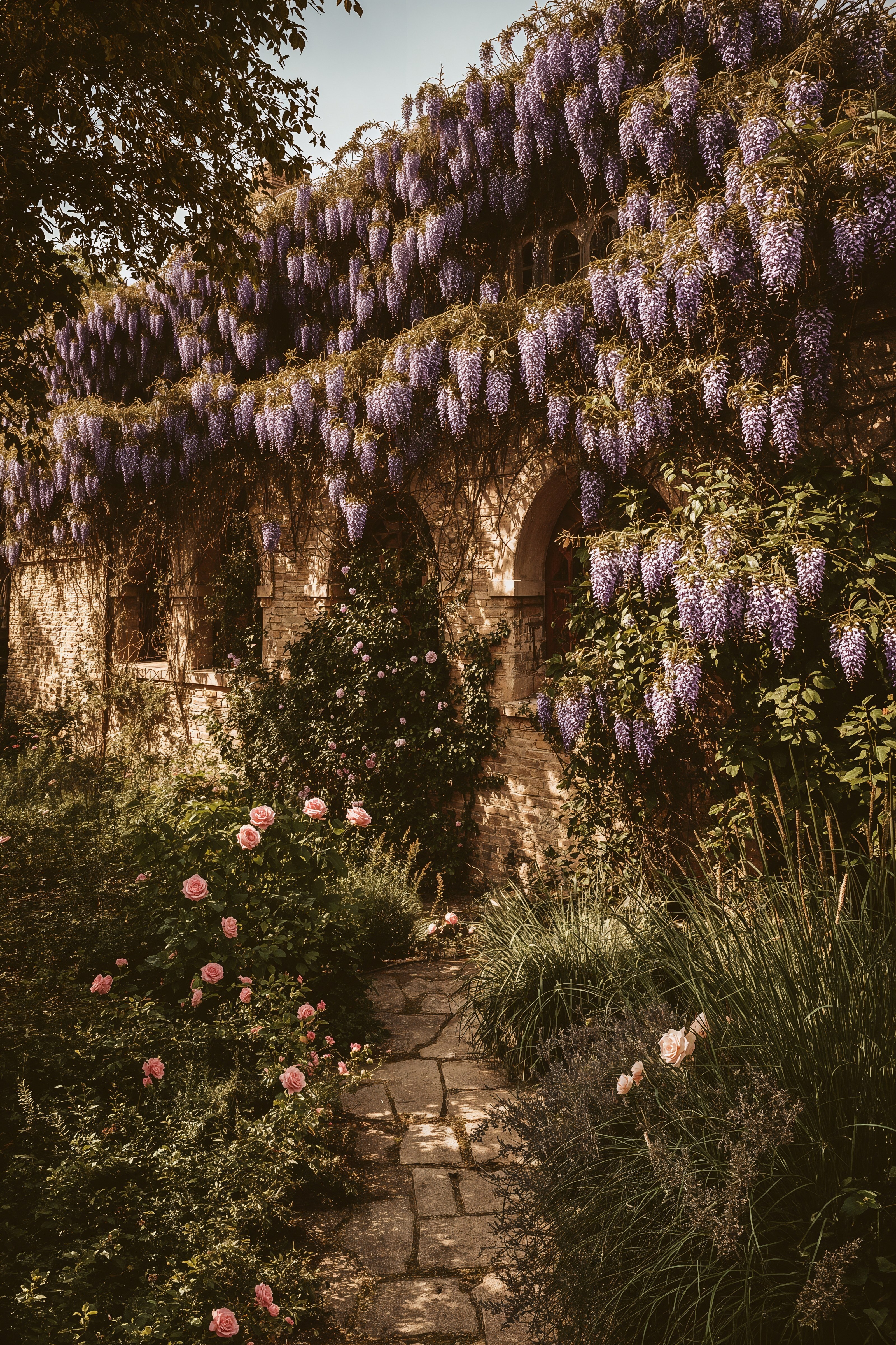 Wisteria Garden Oasis: Enchanting Purple Blooms Over Dream Home