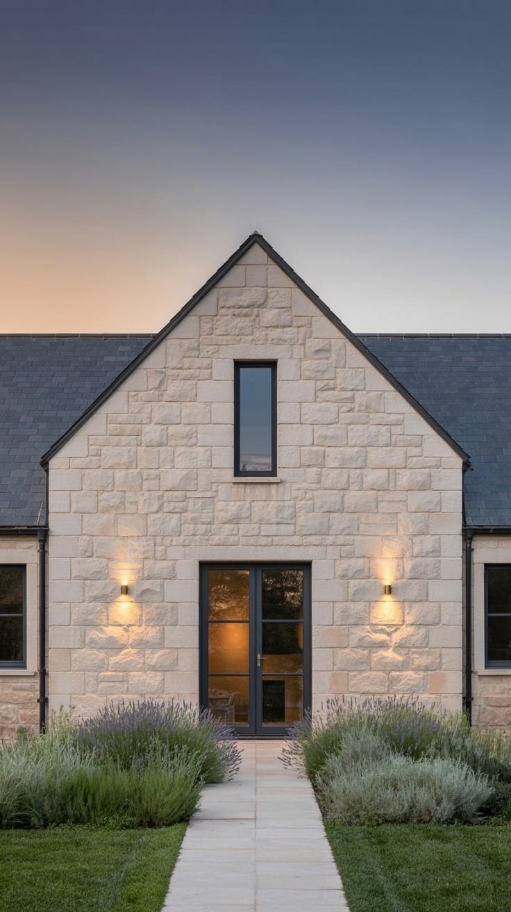 Modern Stone Cottage: Gable Wall Meets Lavender Garden