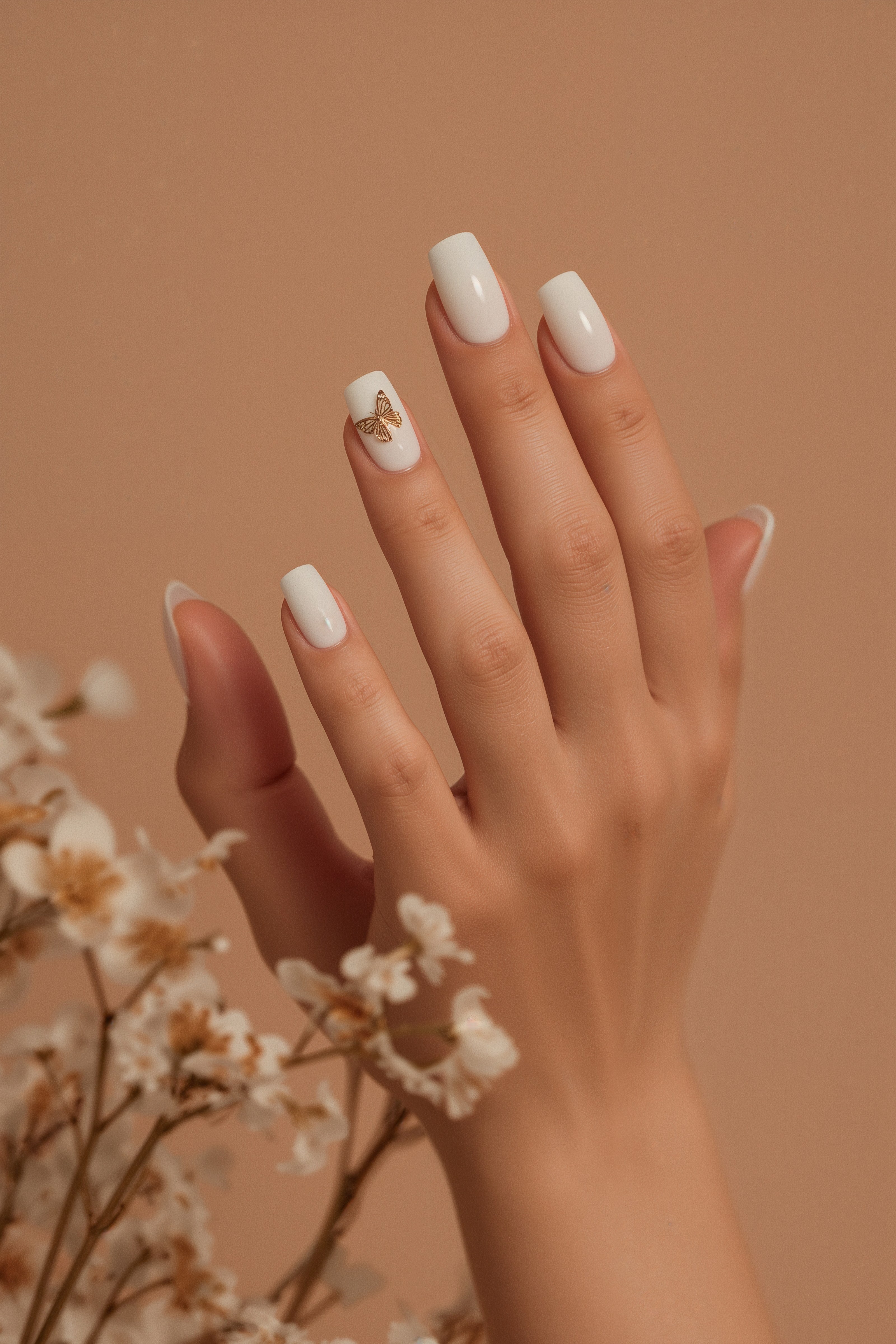 Classic Bride Nails: Chic Gold Butterfly Nail Art for Engagement Season