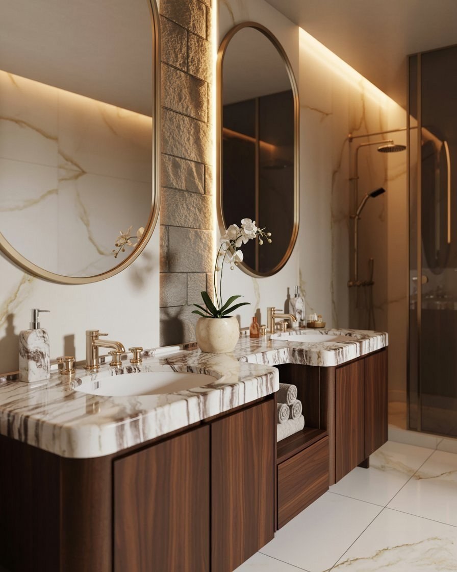 Dream Bathroom Oasis: Modern Warm Marble & Round Mirror Design